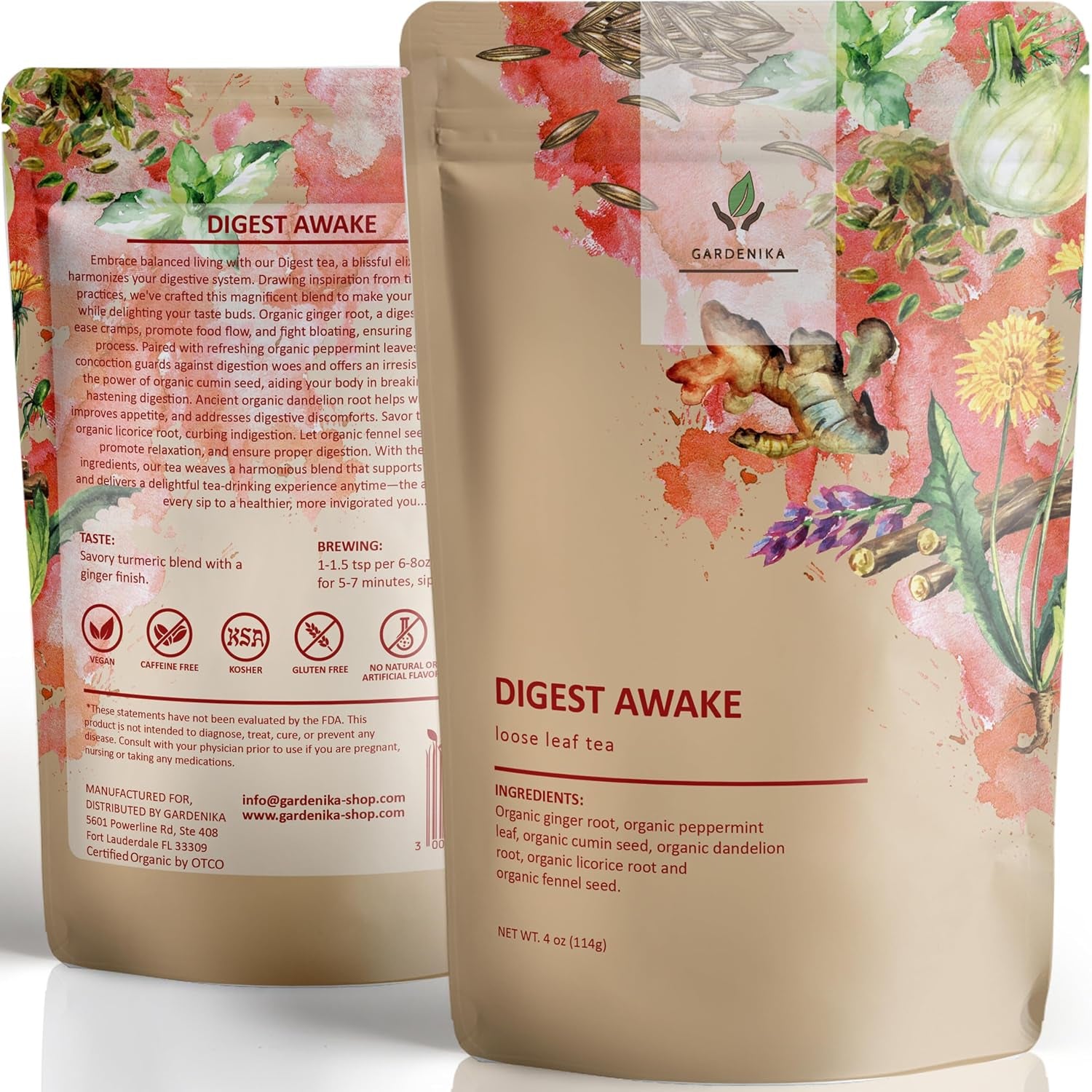 Organic Digest Awake Tea, 1 LB Bulk Bag - Herbal Tea with Ginger, Peppermint & Fennel - Organic, Kosher, Caffeine Free