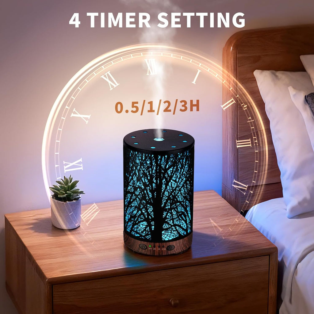 Essential Oil Diffuser 120ML Metal Aromatherapy Diffuser with Timer, Cool Mist Humidifier with Auto Shut-Off & 7 Color Lights for Home Office Spa (Tree)