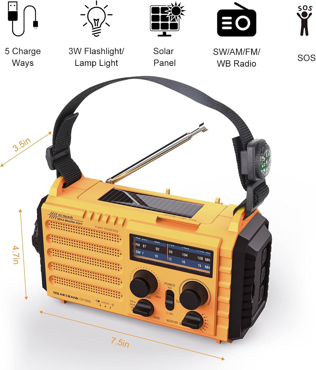 Weather Radio, 5000Mah/18500Mwh NOAA Weather Radio, Solar Hand Crank Emergency Radio with AM/FM/SW/NOAA Weather Alert, Flashlight, Reading Lamp, Cell Phone Charger and SOS Siren