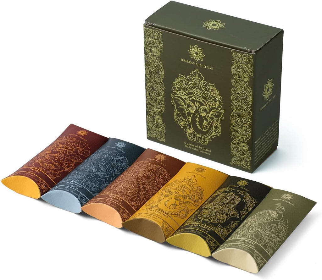 Cones - Mix 6 Scents (60 Cones Total) - Lotus, Gardenia, Sandalwood, Healing Spirit, Mindfulness & Floral Goddess - Authentic Balinese Handcrafted Gift Set
