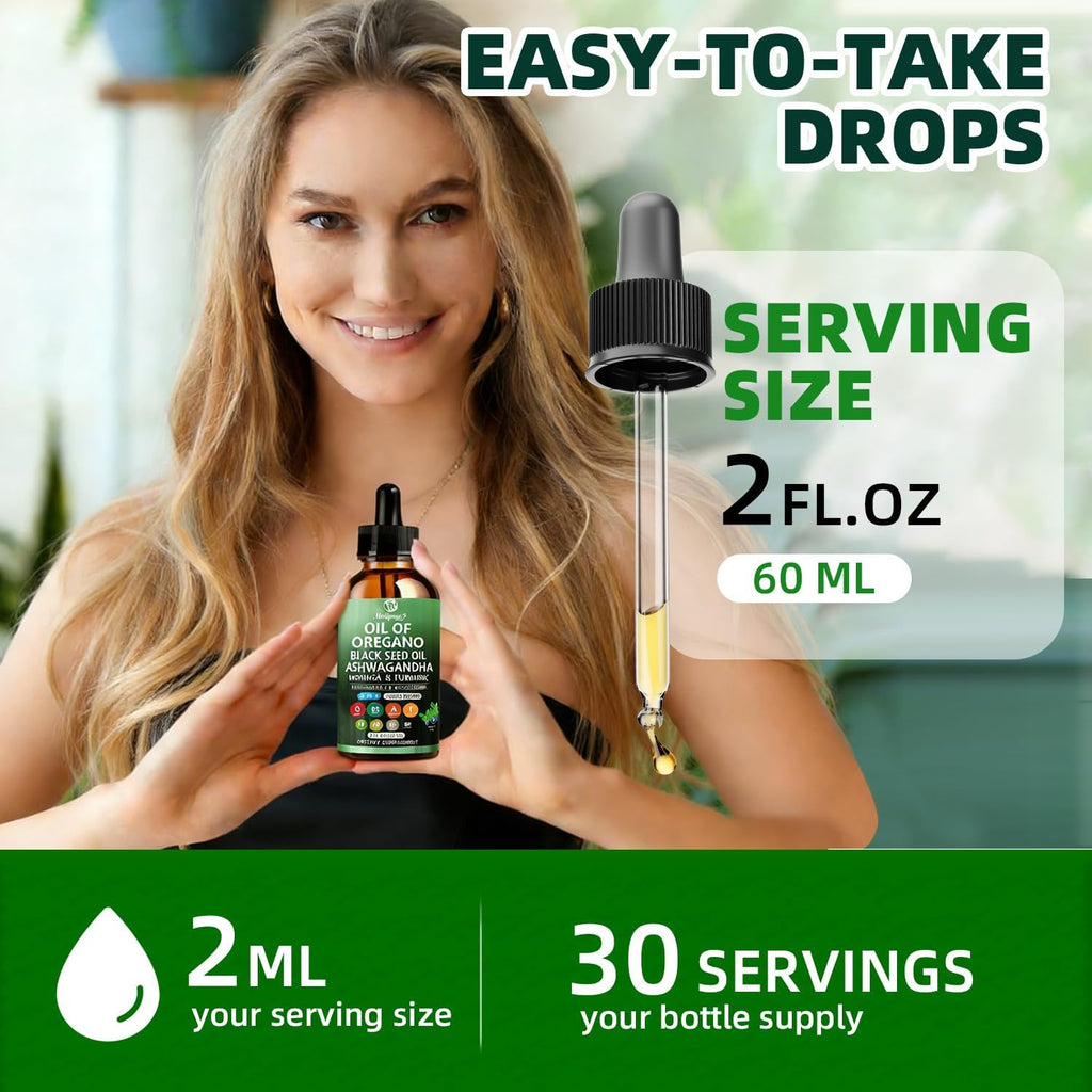 Oil of Oregano with Black Seed Oil | 8 in 1 Organic Oregano Oil Drops with Ashwagandha, Moringa & Turmeric | Natural Herbal Supplements for Immune Support & Stress Relief | Vegan Friendly, 2 Fl Oz