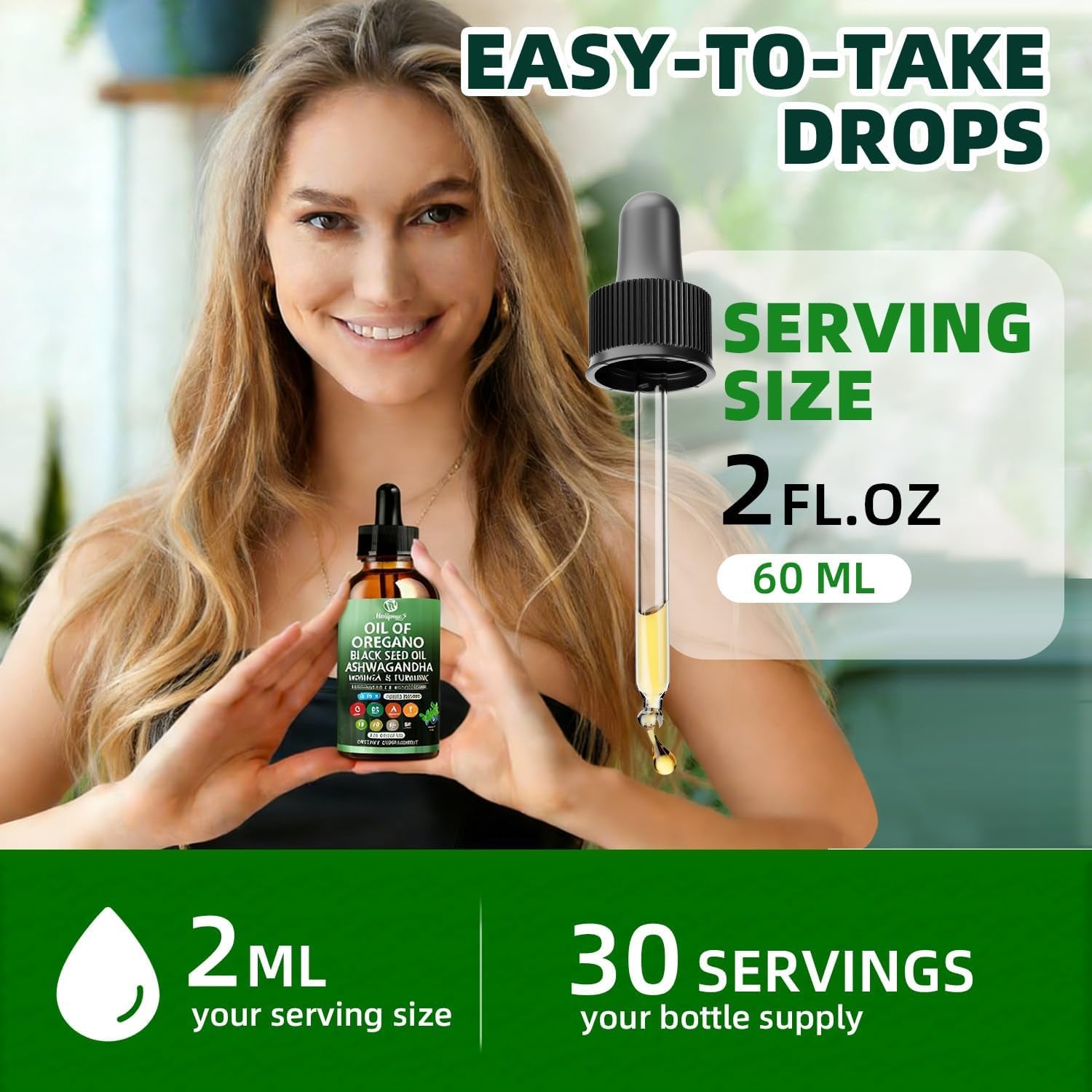 Oil of Oregano with Black Seed Oil | 8 in 1 Organic Oregano Oil Drops with Ashwagandha, Moringa & Turmeric | Natural Herbal Supplements for Immune Support & Stress Relief | Vegan Friendly, 2 Fl Oz