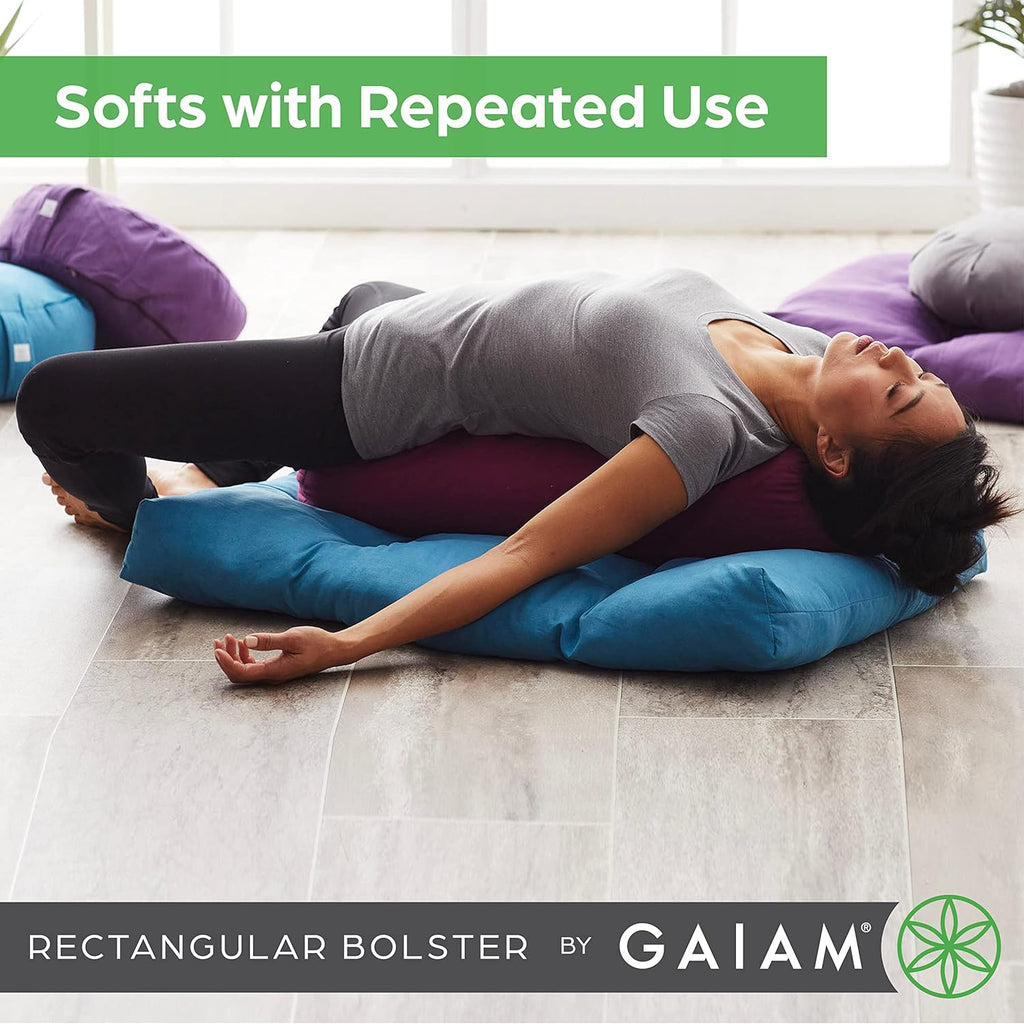 Gaiam Yoga Bolster Pillow, Soft Meditation Cushion for Yoga, Massage and Back Support, Breathable Cotton Fill, Zippered Microfiber Cover, Easy-Carry Handle, Machine Washable