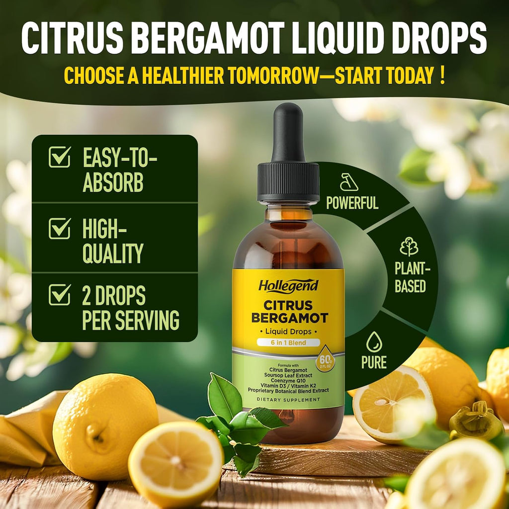 Citrus Bergamot Liquid Drops, Organic Citrus Bergamot 1000Mg Supplement, plus Soursop, Coq10, Vitamin D3, K2, Overall Health Support, Vegan, Lemon Flavor,2 Fl Oz