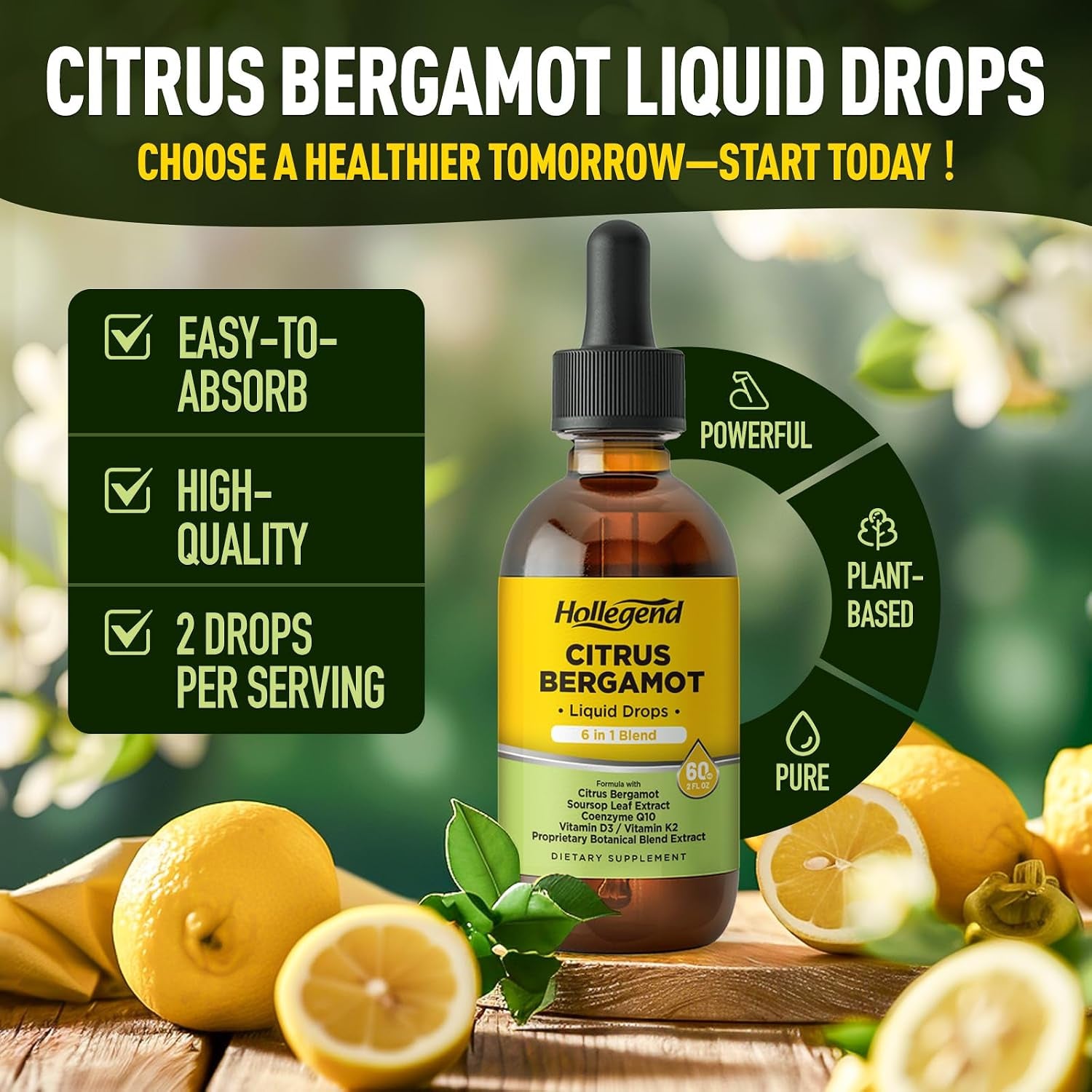 Citrus Bergamot Liquid Drops, Organic Citrus Bergamot 1000Mg Supplement, plus Soursop, Coq10, Vitamin D3, K2, Overall Health Support, Vegan, Lemon Flavor,2 Fl Oz