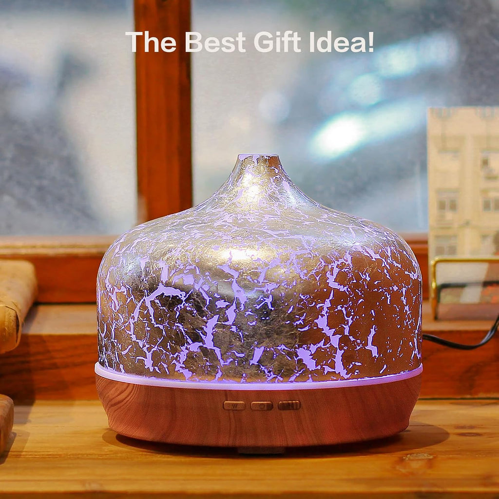 500Ml Glass Essential Oil Diffuser Aromatherapy Ultrasonic Cool Mist Humidifier 15-21 Running Hours Waterless Auto-Off Air Diffusers for Sleeping Yoga Working Spa(Silver Plated)