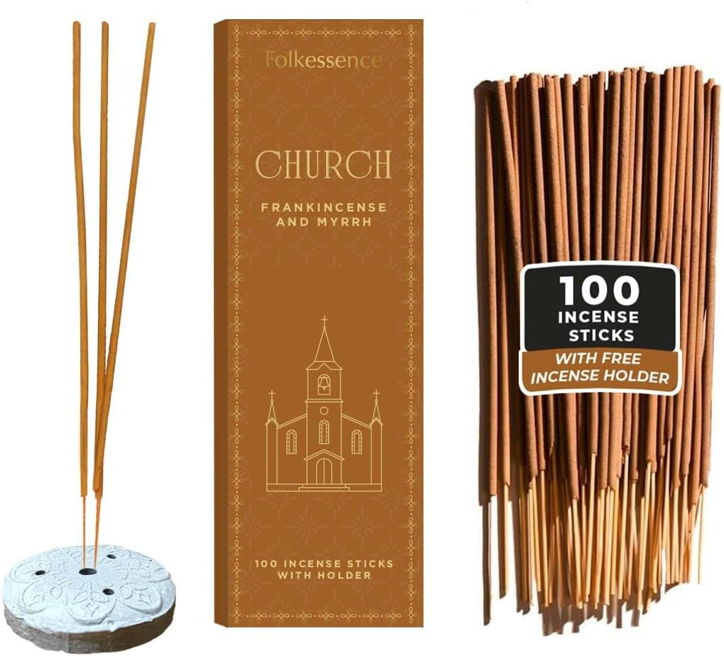 Church Incense Sticks with Holder (100 Sticks) | Frankincense & Myrrh Catholic Incense Stick for Prayer, Daily Worship | No Charcoal,Organic,Non Toxic, 45 Mins, Long Burning Insence-Sticks