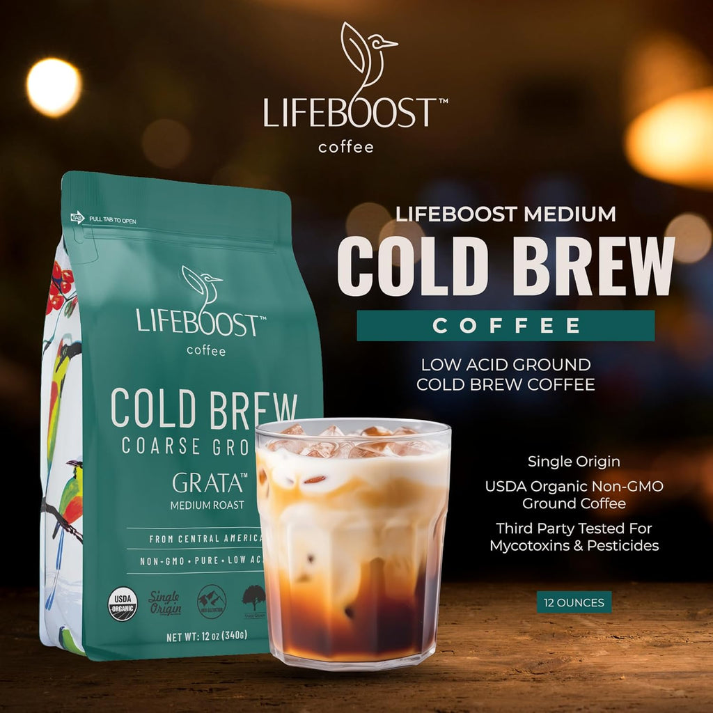 Low Acid Cold Brew Coffee, Organic Coarse Ground Medium Roast, 12 Oz