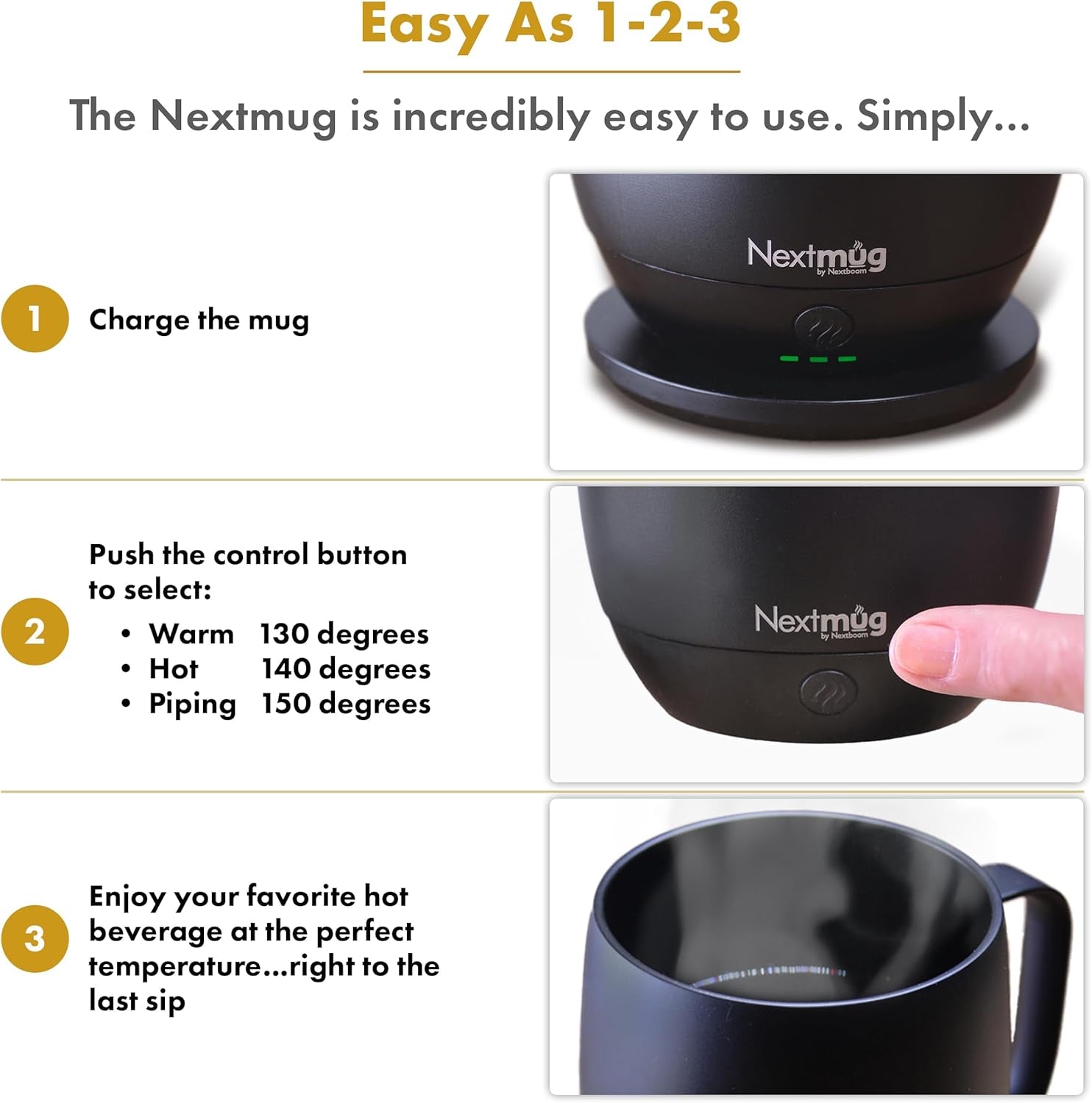Nextmug - Temperature-Controlled, Self-Heating Coffee Mug (Black - 14 Oz.)