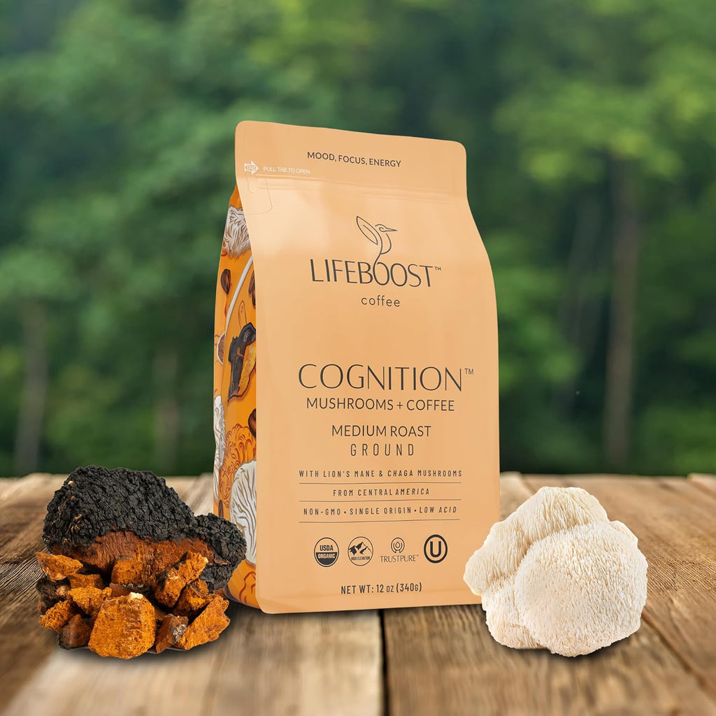 Cognition Focus Coffee for Calm Energy - Lion’S Mane Mushroom Coffee with Chaga - Organic Medium Roast Nootropic Coffee - Low Acid Adaptogenic Coffee - 12 Oz Ground