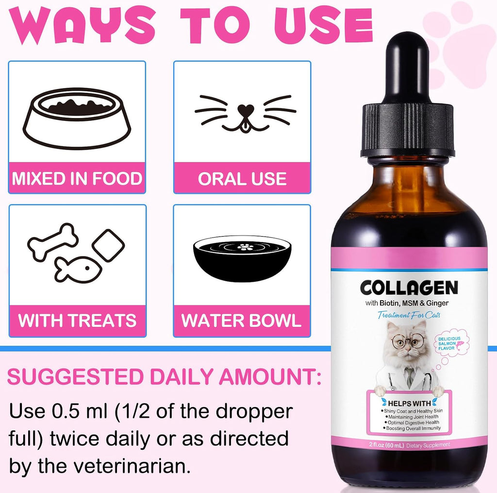 Liquid Collagen for Cats, Cats Collagen Liquid Drops with Biotin, MSM & Ginger Immunity Support, Itch Relief, Skin & Coat and Joint Health Supplement for Cat 60Ml