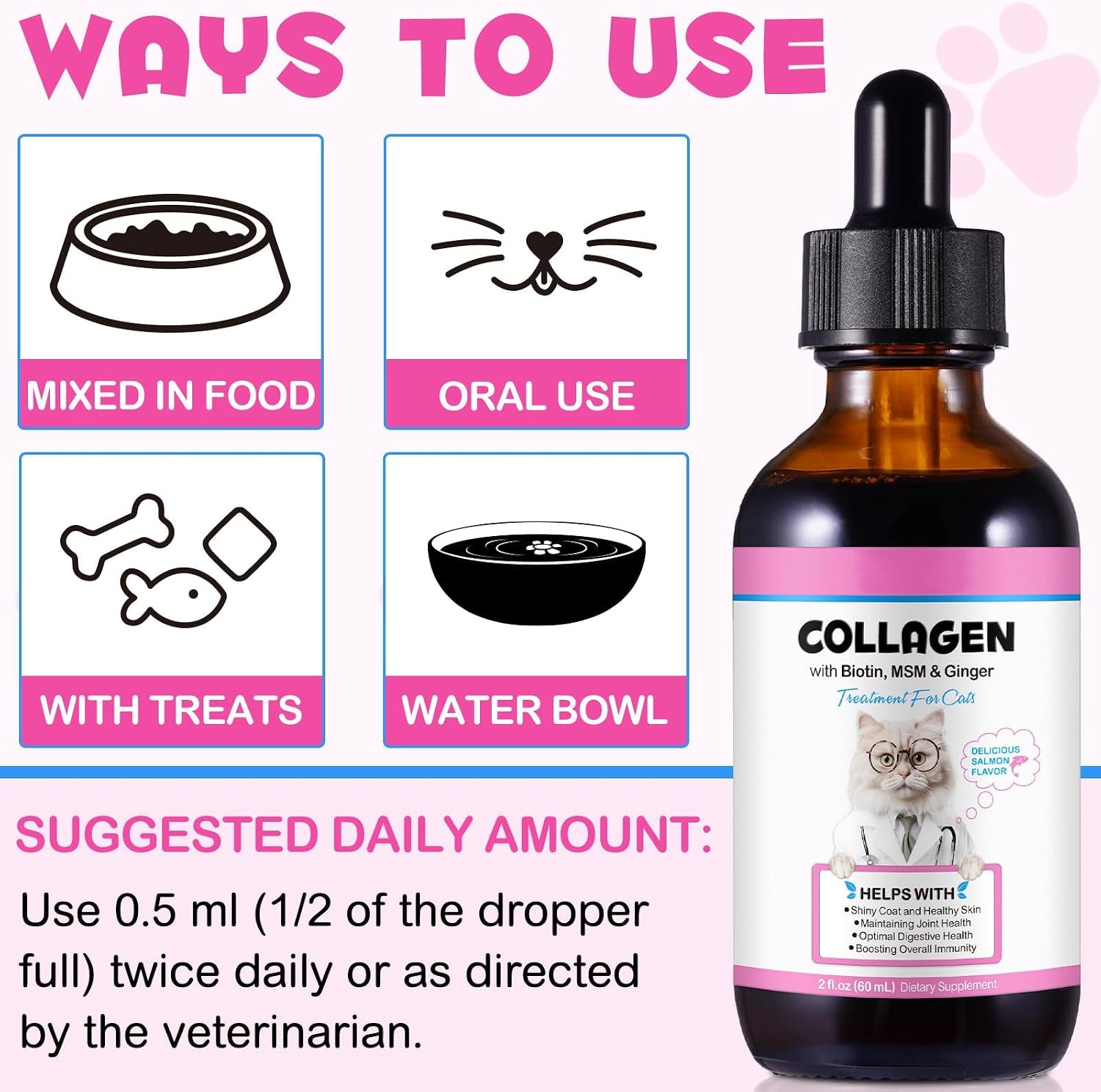 Liquid Collagen for Cats, Cats Collagen Liquid Drops with Biotin, MSM & Ginger Immunity Support, Itch Relief, Skin & Coat and Joint Health Supplement for Cat 60Ml