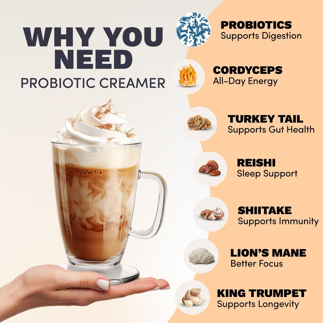 Probiotic Coffee Creamer with 6 Organic Adaptogenic Mushrooms & Probiotics for Energy, Focus, Digestion with USA Grown Turkey Tail, Shiitake, Lions Mane, Reishi, Gluten Free 30 Serving