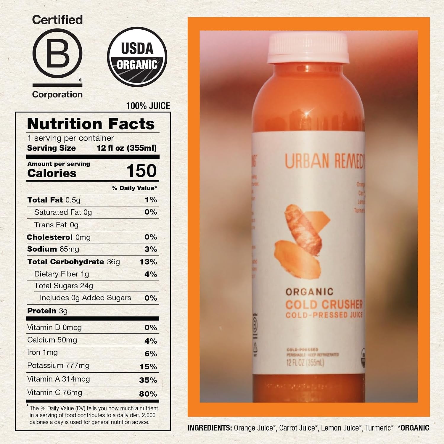 Urban Remedy Cold Crusher Organic Juice, Cold-Pressed, 12 Fl Oz, Orange, Carrot, Lemon & Turmeric Blend, Immune Support, Organic, Non-Gmo, Gluten-Free, Dairy-Free, Ready-To-Drink
