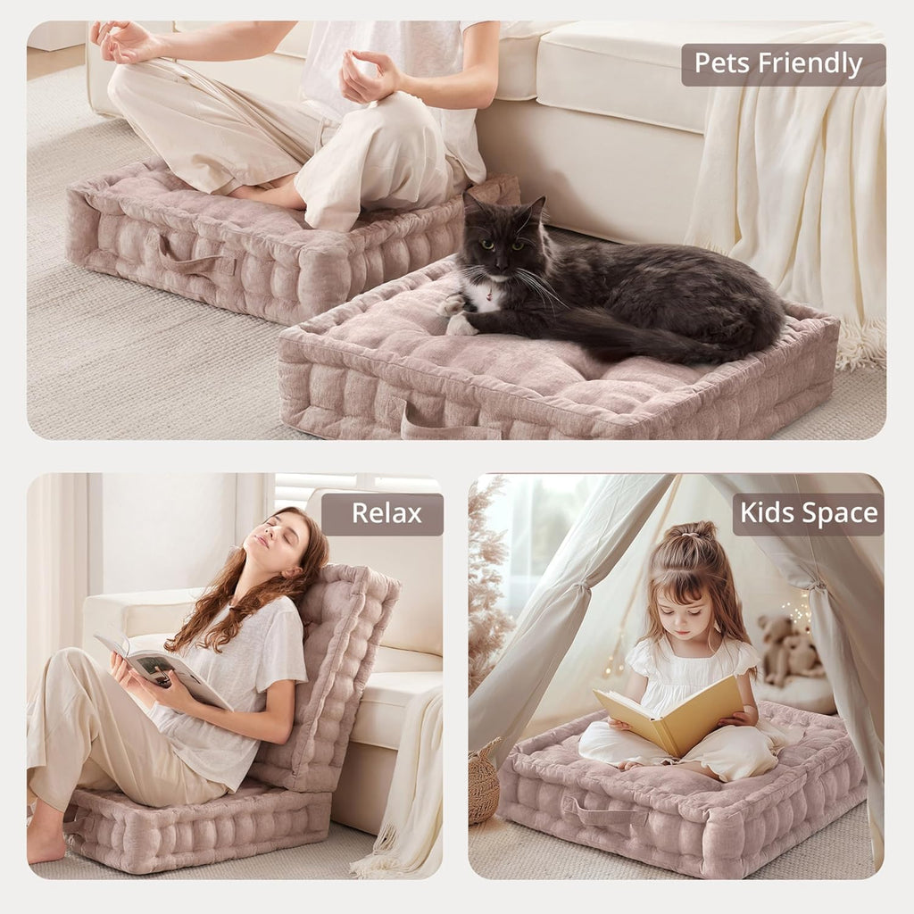 Large Floor Pillow for Adults Yoga or Meditation Cushion with Handle, Floor Cushion for Board Games, Lustrous Chenille Tufted, Handsewn Scalloped Edge, Azza, 24" X 24" X 5" Blush