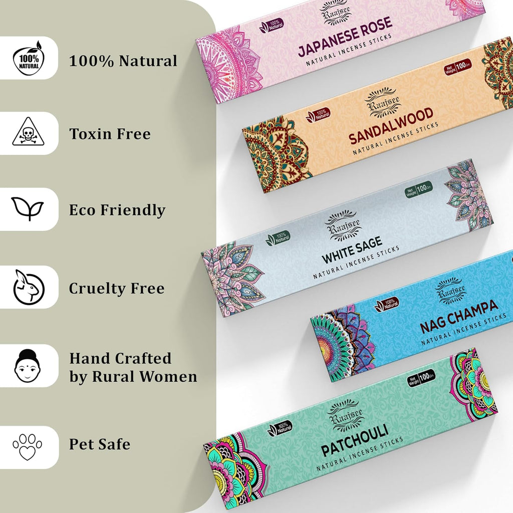 Incense Sticks Assorted Pack (180 Gm), 100% Pure Organic Natural Hand Rolled Free from Chemicals - Perfect for Aromatherapy, Cleansing, Meditation, and Church (12 Pack)
