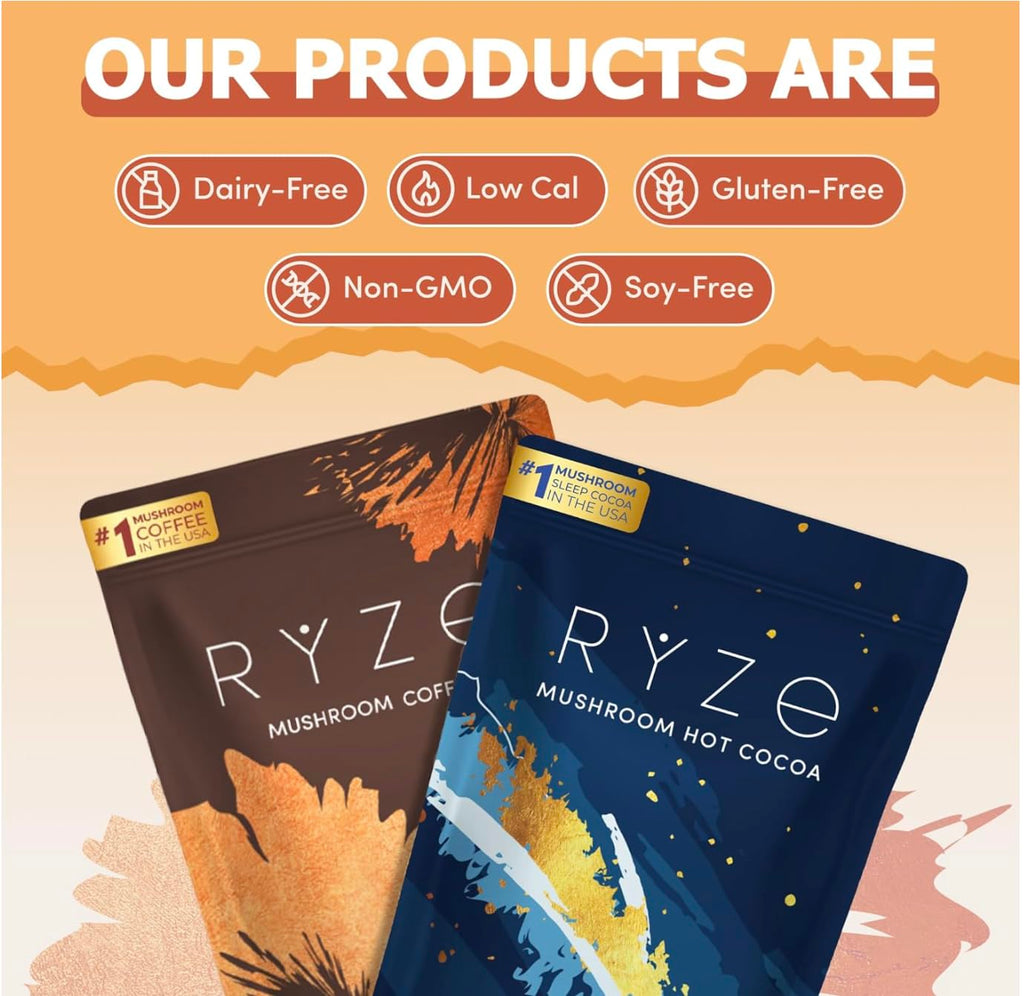 Day + Night Bundle with Mushroom Coffee and RYZE Hot Cocoa, USDA Organic Mushroom Coffee with 6 Adaptogenic Mushrooms & MCT Oil, Hot Cocoa Keto Sleep Aid with Melatonin, 30+20 S
