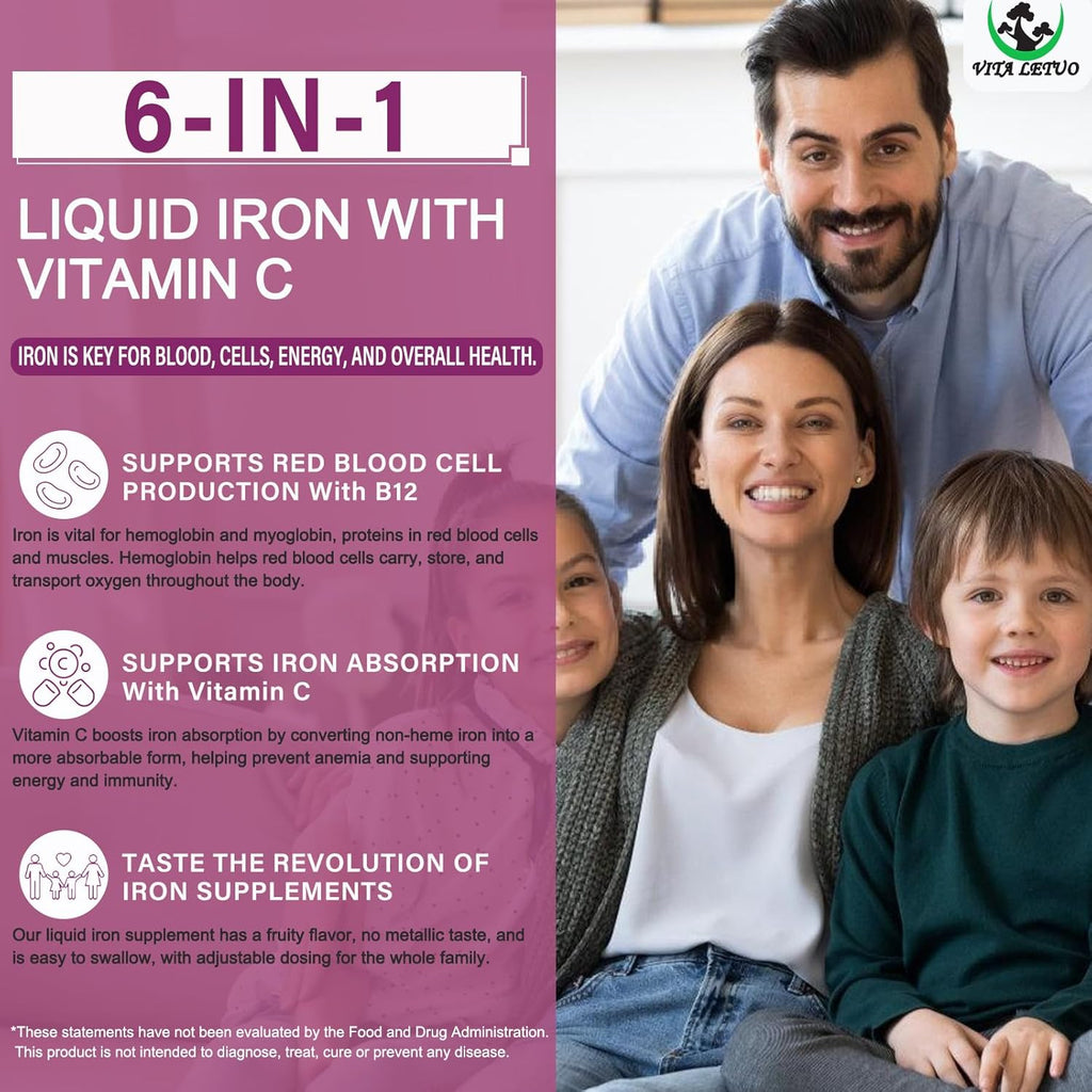 Iron Supplement for Women with Vitamin C,6-In-1 Liquid Supplement W/Vitamin B12,Vitamin B6,High Absorption Liquid Iron Drops for Red Blood Cells & Immune Support,Non-Gmo, Gluten Free