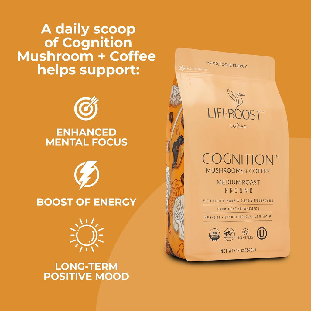 Cognition Focus Coffee for Calm Energy - Lion’S Mane Mushroom Coffee with Chaga - Organic Medium Roast Nootropic Coffee - Low Acid Adaptogenic Coffee - 12 Oz Ground