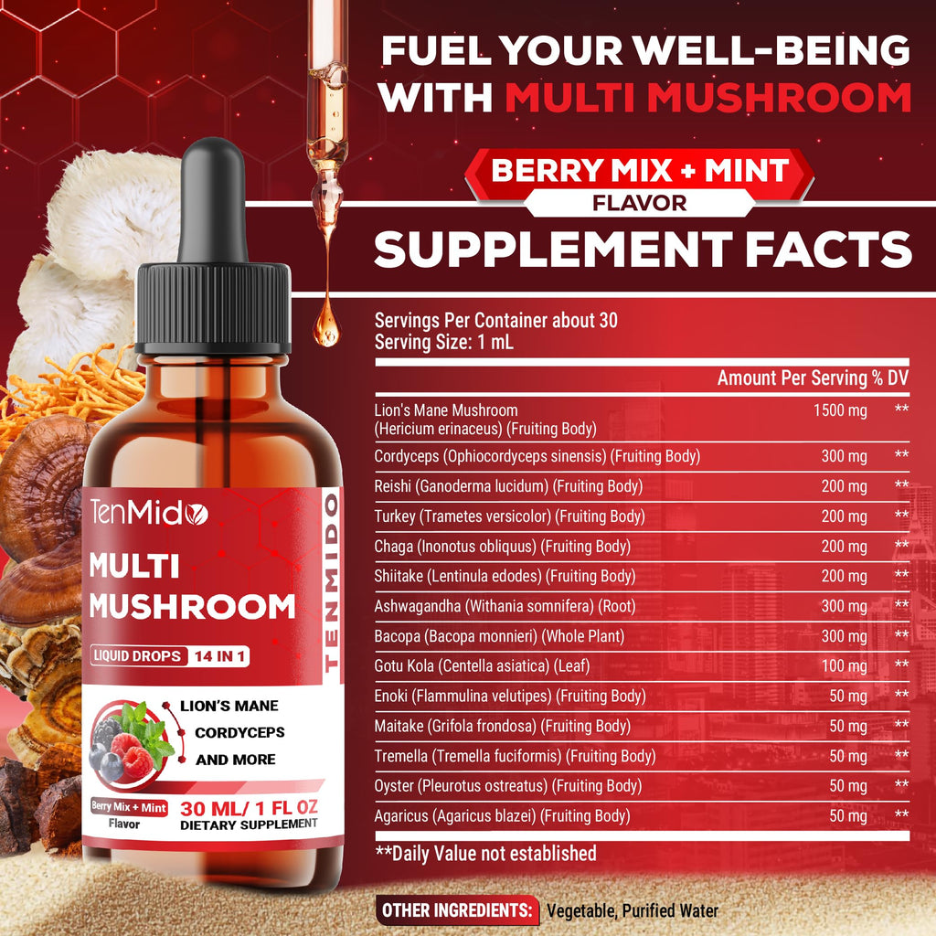 Tenmido Mushroom Complex - Herbal Liquid Drops - 14in1 with Lions Mane, Cordyceps, Reishi, Turkey, Chaga, Shiitake, Ashwagandha, Bacopa, Gotu Kola, and More - 30ml 1 Fl Oz
