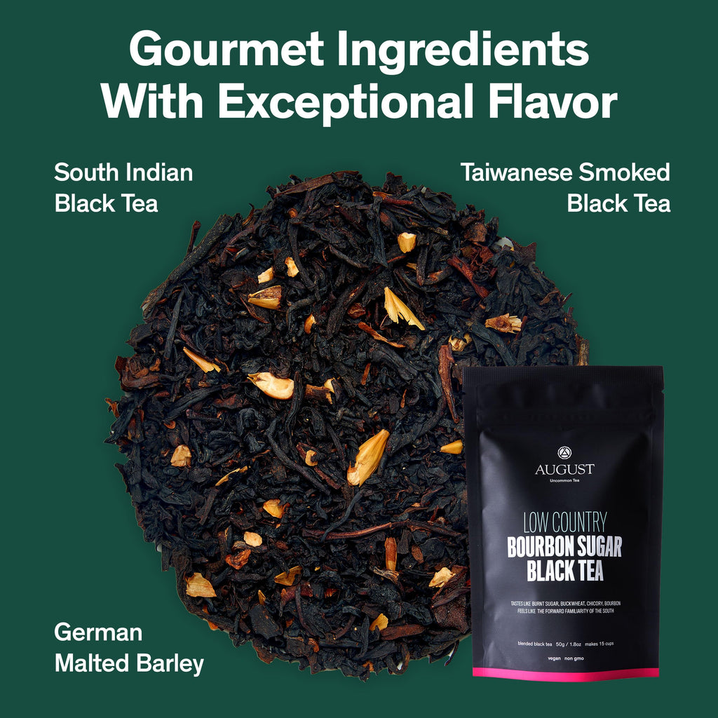 August Uncommon Low Country Bourbon Sugar Black Tea – Vegan, Non-GMO Loose Tea Leaves – Wild Flavor – 1.75oz Resealable Pouch