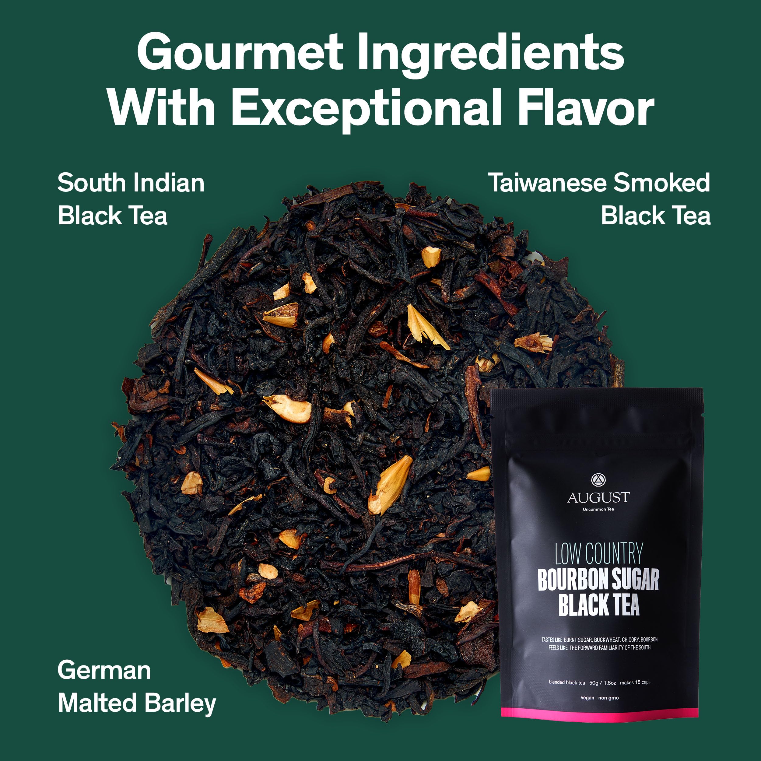 August Uncommon Low Country Bourbon Sugar Black Tea – Vegan, Non-GMO Loose Tea Leaves – Wild Flavor – 1.75oz Resealable Pouch