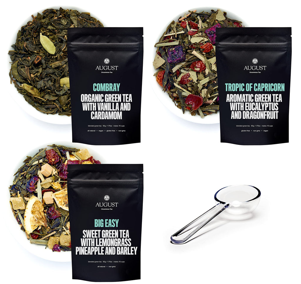 August Uncommon Sampler – Variety Tea Set of 3 Loose Leaf Green Tea Blends – Includes Scoop – Tropical, Dessert & Sweet Flavors in Resealable Pouches (5.4oz)
