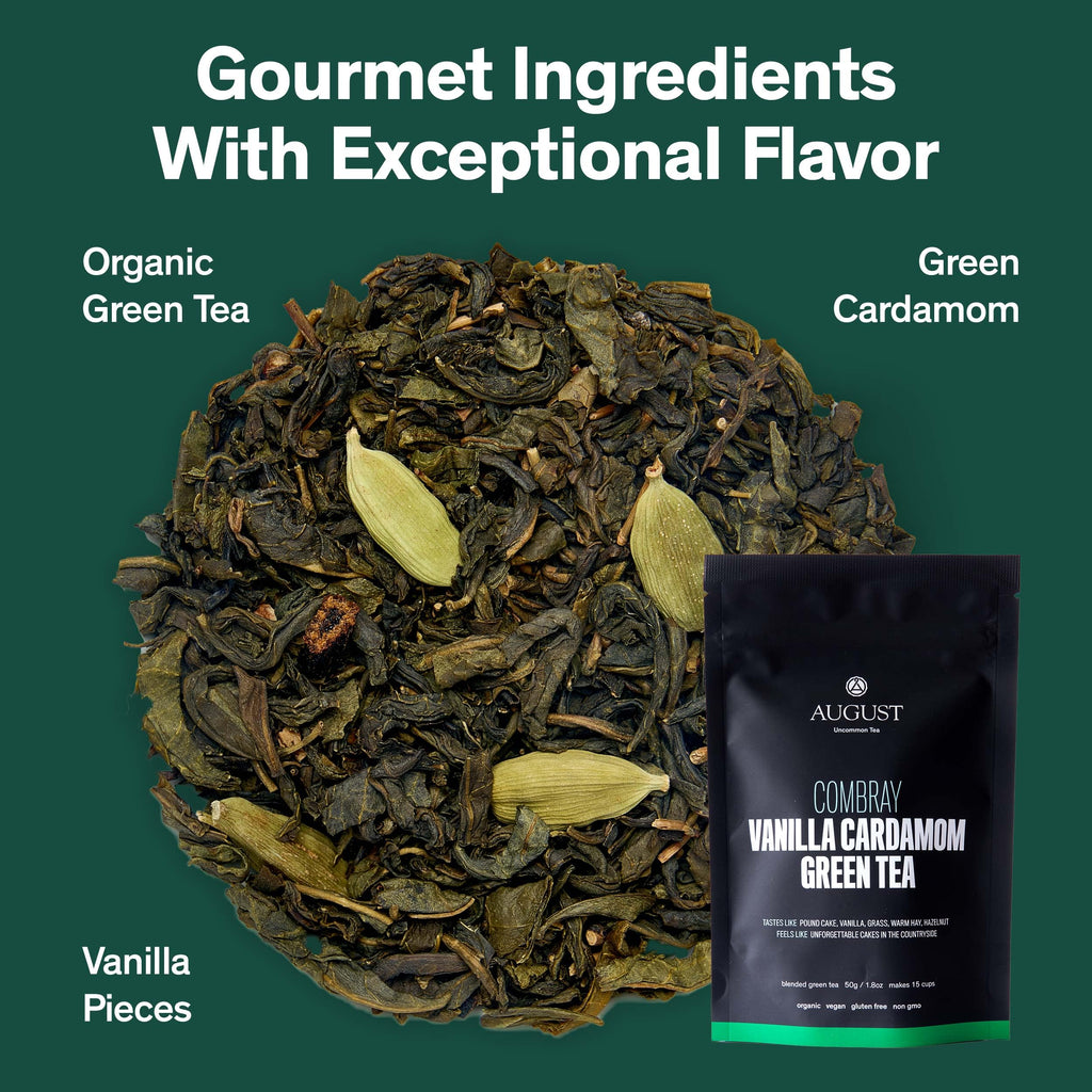 August Uncommon Combray Loose Leaf Tea – Organic Vanilla and Cardamom Green Tea – Vegan, Gluten-Free, and Non-GMO Organic Tea – Bold Dessert-Inspired Flavor in a Resealable 1.8oz Pouch (15-30 Cups)
