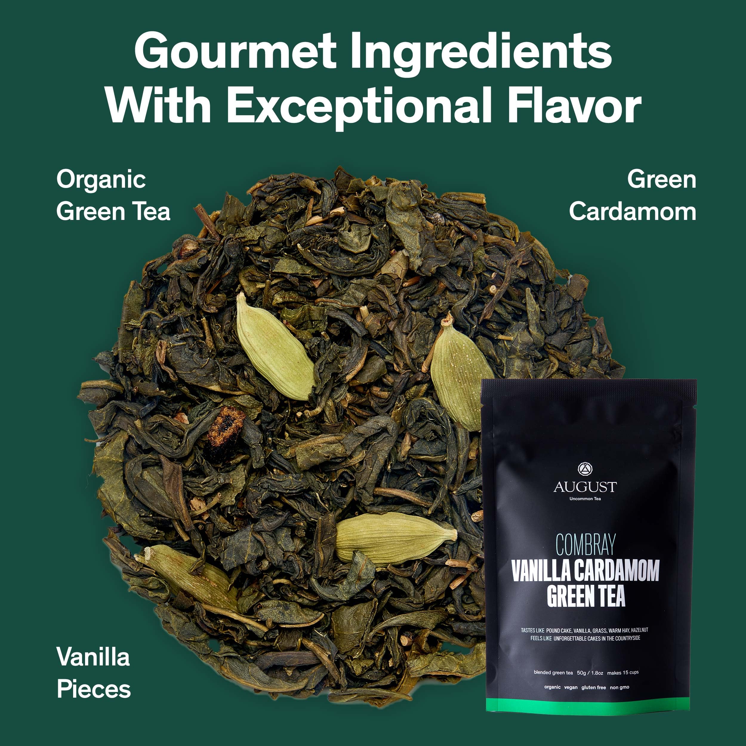 August Uncommon Combray Loose Leaf Tea – Organic Vanilla and Cardamom Green Tea – Vegan, Gluten-Free, and Non-GMO Organic Tea – Bold Dessert-Inspired Flavor in a Resealable 1.8oz Pouch (15-30 Cups)