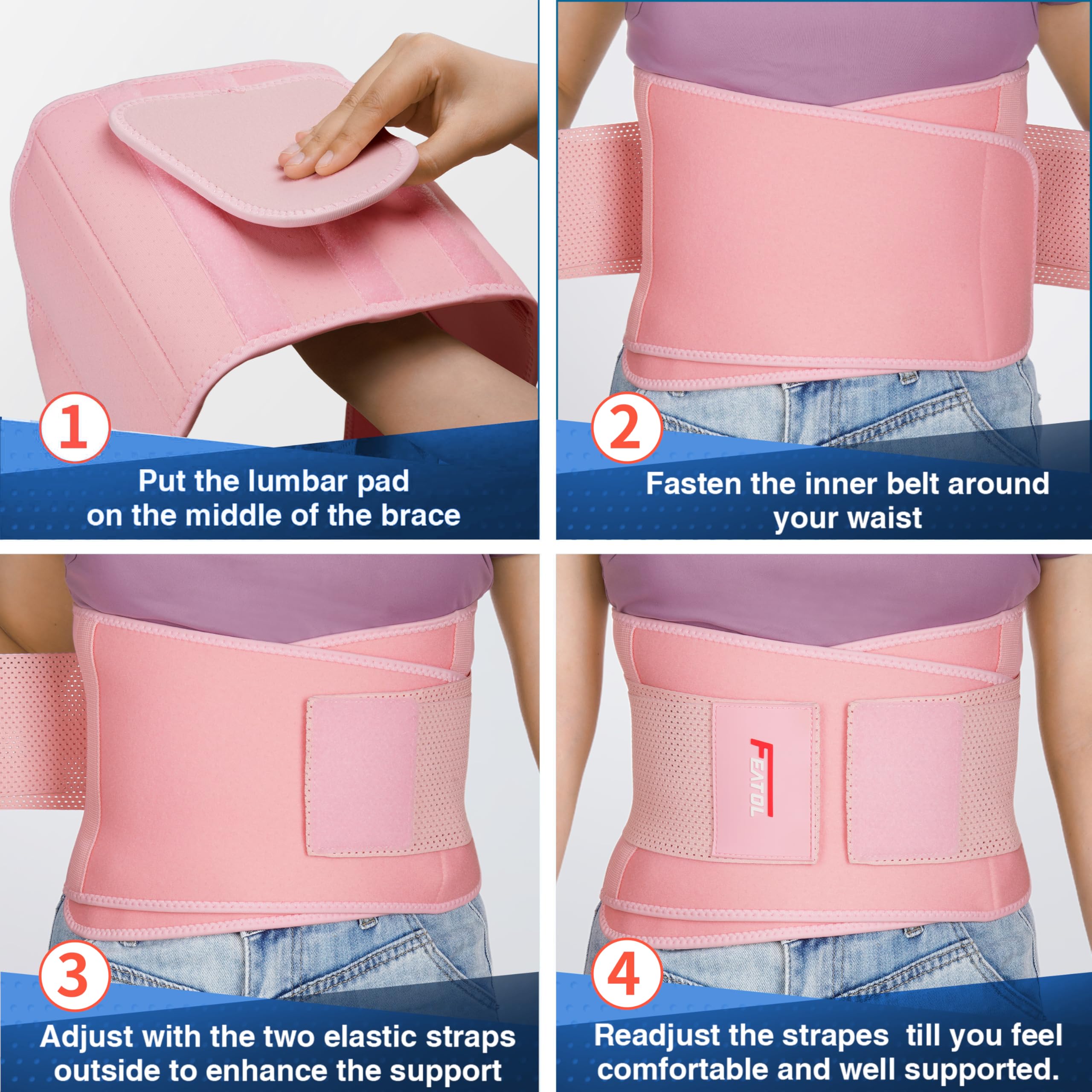 FEATOL Back Brace for Lower Back Pain, Breathable Back Support Belt for Women & Men with Lumbar Pad, Lumbar Support Belt for Heavy Lifting & Work, Pink, L/XL (Circumference:30-38.6")