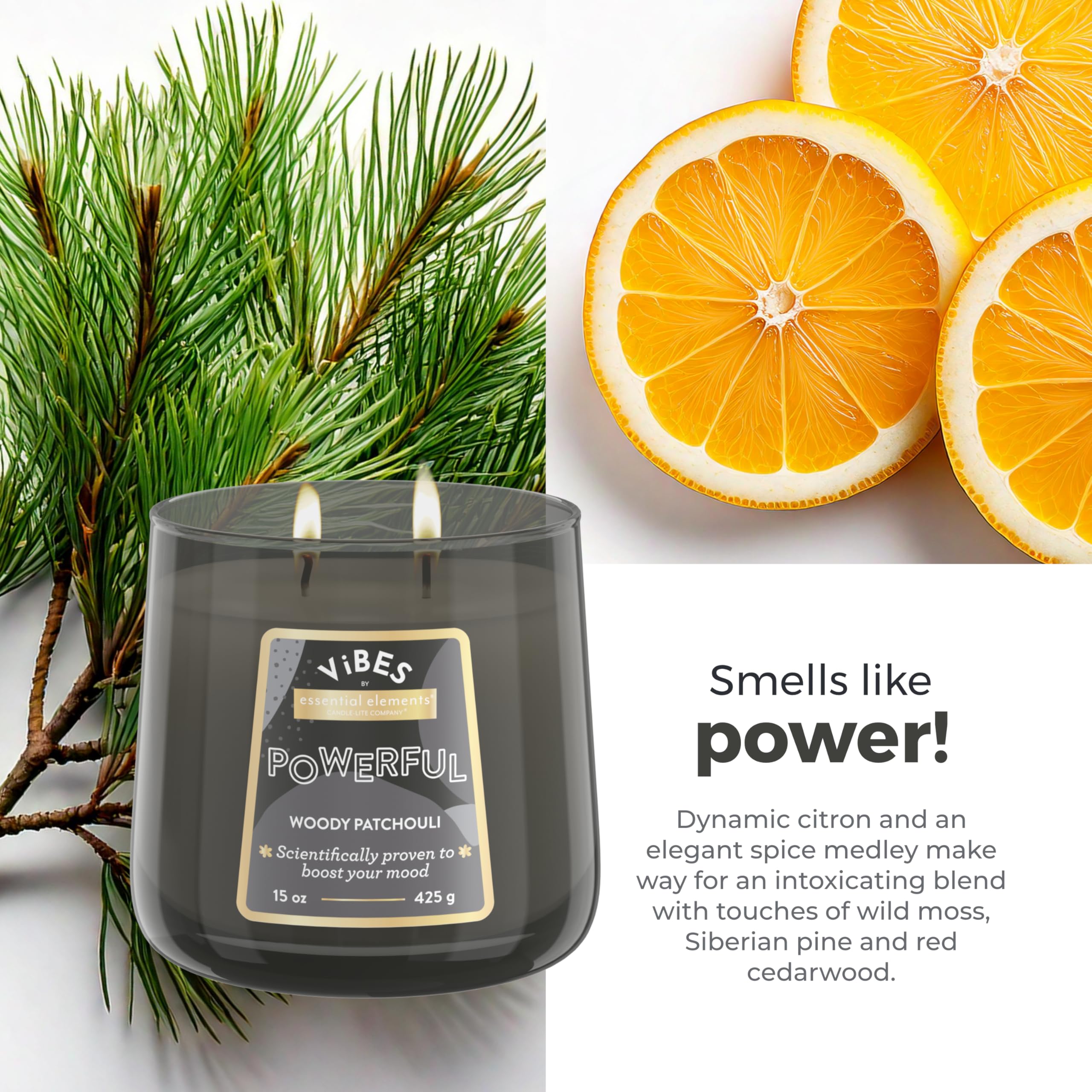 Candle-Lite Vibes Woody Patchouli Mood-Enhancing Scented Candles, 15 oz Jar, Aromatherapy, Proudly Poured in The USA, 2-Wick, 86 Hours Burn Time, Perfect Relaxation Gift