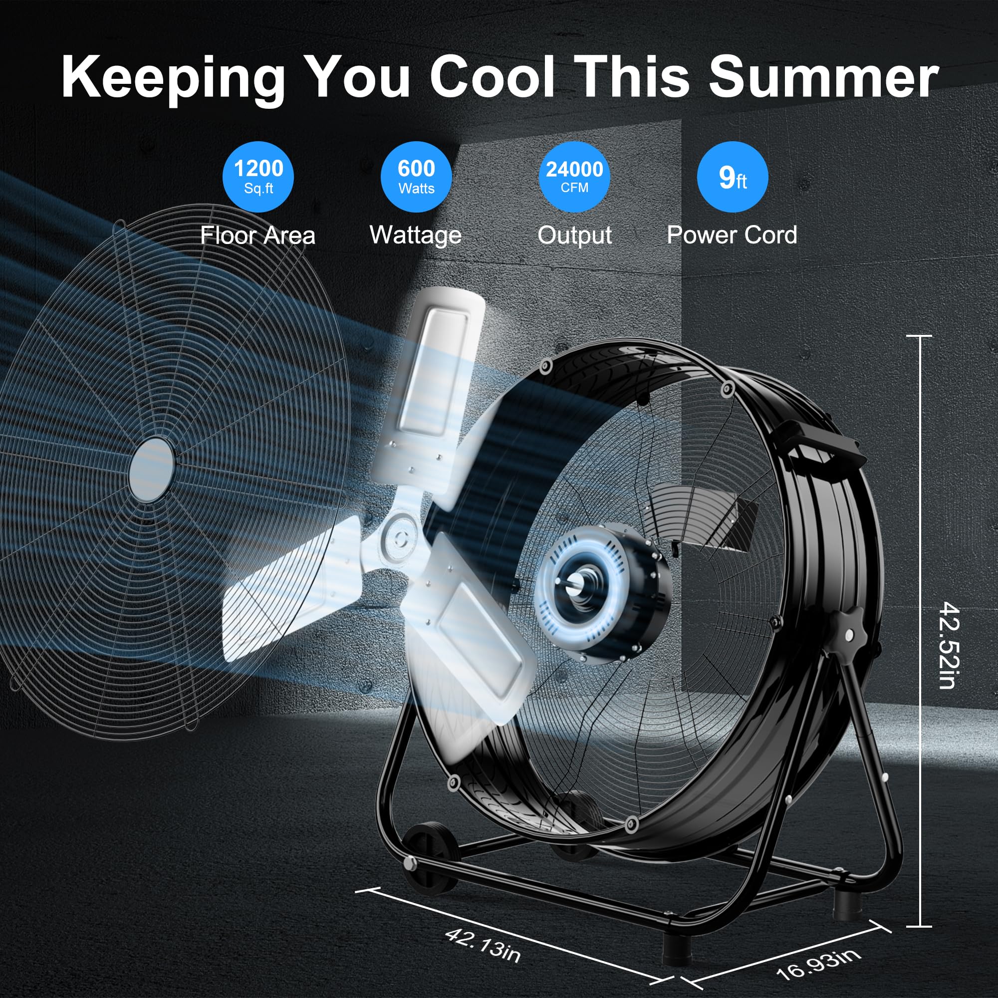 AKIRES 40 Inch Industrial Drum Fan,24800 CFM High Velocity Floor Fan With 360°Adjustable Tilt,Heavy Duty Metal Fan with 1200 Sq.ft,3 Speed,Electric Fan For Commercial,Factory,Basement(Black)