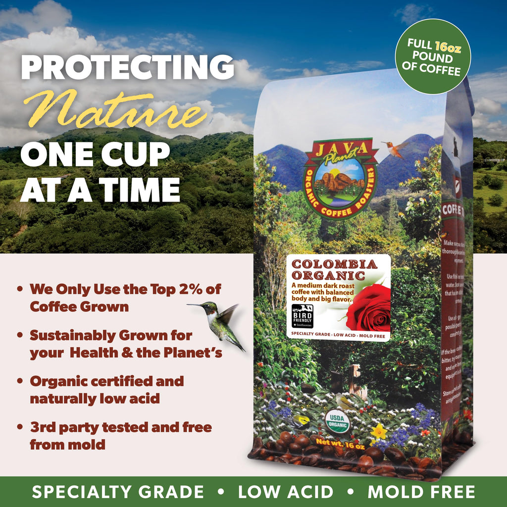 Java Planet Organic Coffee Beans Whole, Medium Dark Roast - Low Acid Single Origin: Colombian Non-GMO Organic Whole Bean Coffee - Third-Party Tested for Purity, Quality & Key Contaminants - 16 Ounces