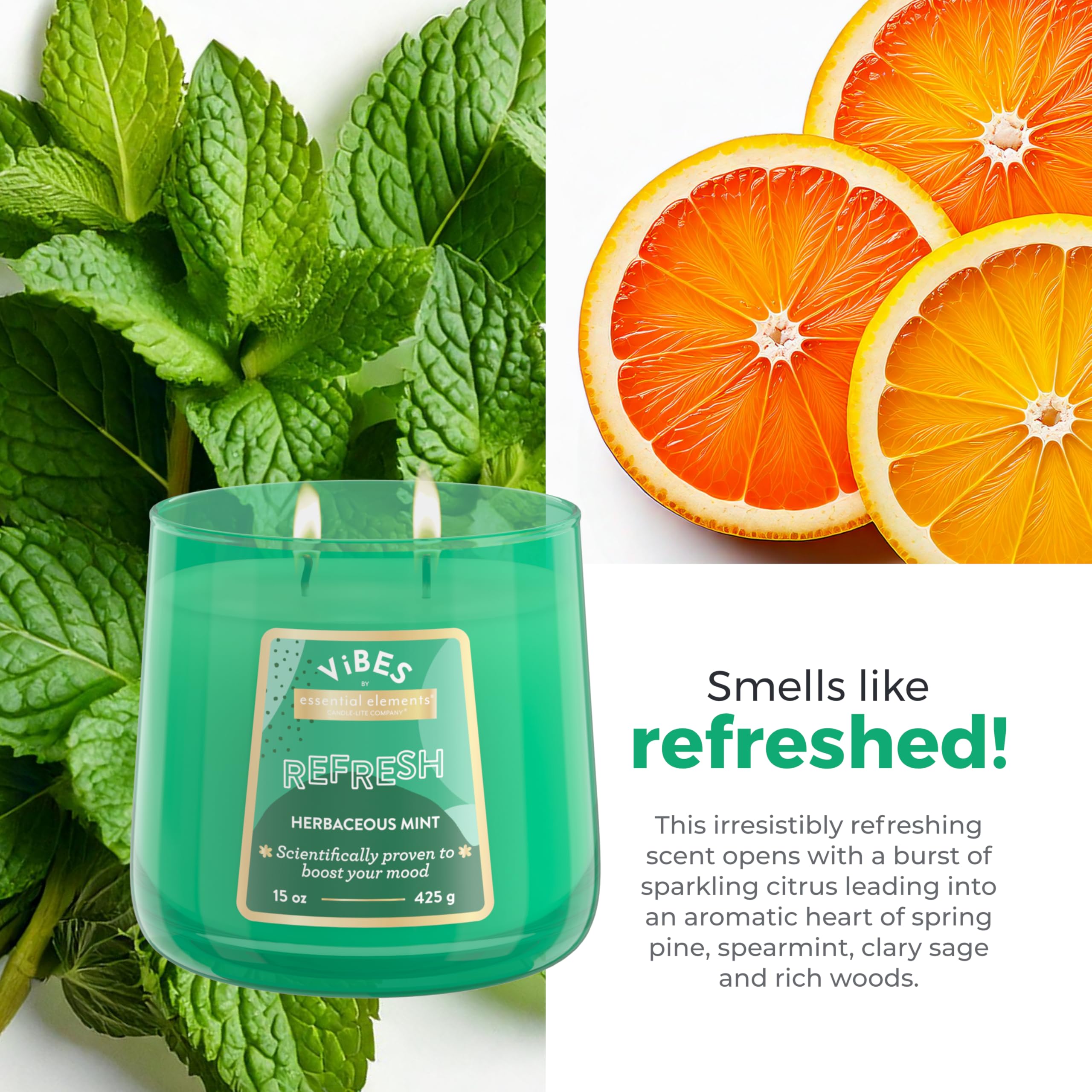 Candle-Lite Vibes Herbaceous Mint Mood-Enhancing Scented Candles, 15 oz Jar, Aromatherapy, Proudly Poured in The USA, 2-Wick, 86 Hours Burn Time, Perfect Relaxation Gift
