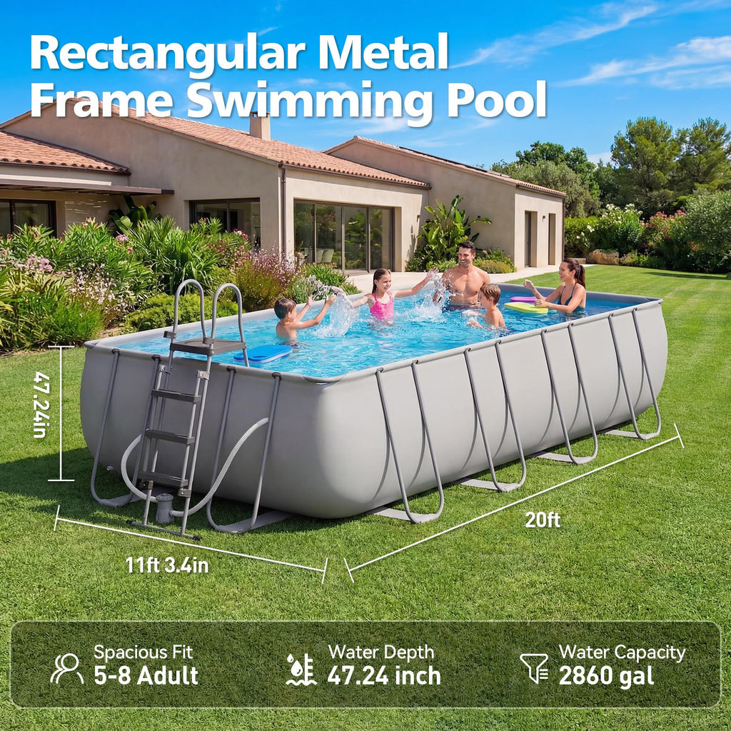 SunSwell 18' x 9' x 47" Rectangular Above Ground Pool Set with Removable Ladder and Filter Pump, Large Swimming Pool for Backyard, Gray