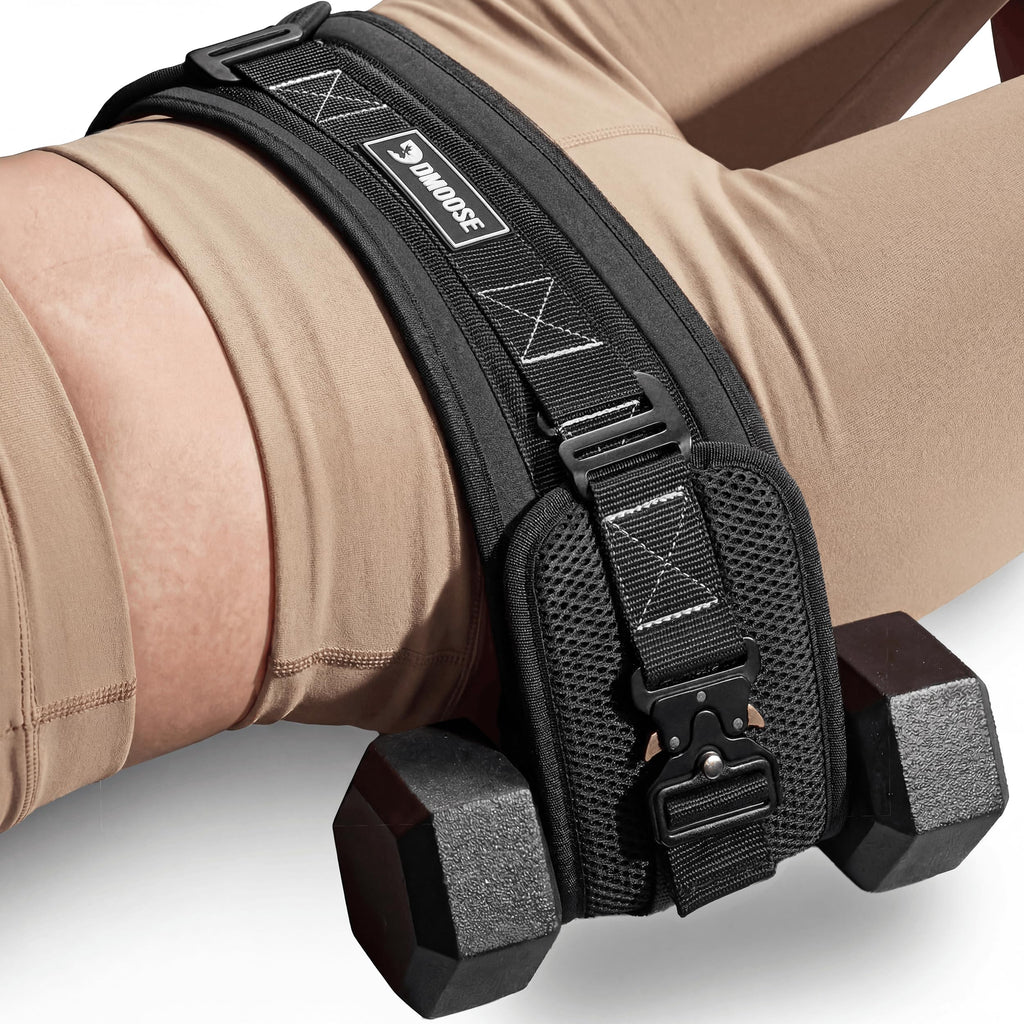 DMoose Fitness Hip Thrust Belt - Dual-Strap Glute Builder for Dumbbells, Plates, Kettlebells (Supports up to 700 lbs) - Comfortable Padded Booty Belt for Home & Gym (Black)