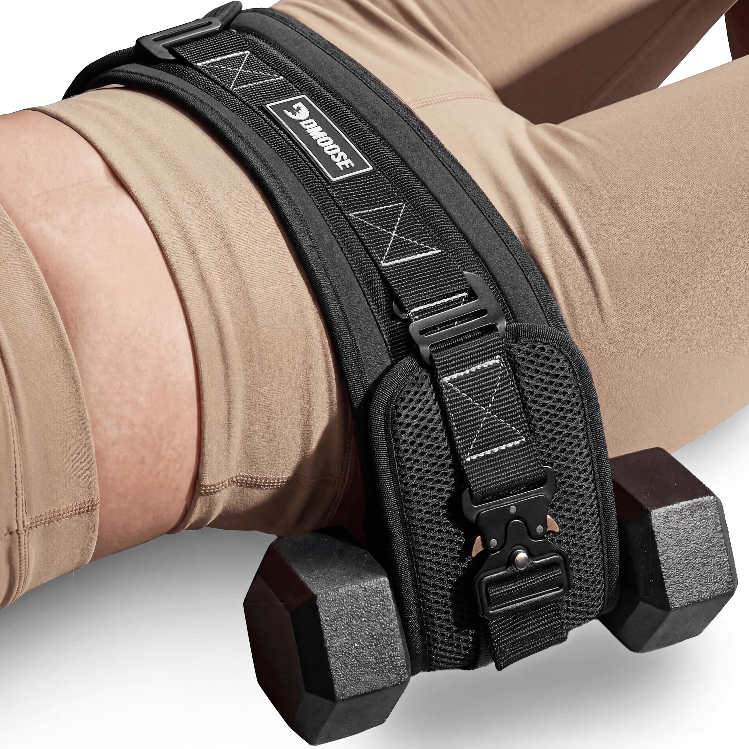 DMoose Fitness Hip Thrust Belt - Dual-Strap Glute Builder for Dumbbells, Plates, Kettlebells (Supports up to 700 lbs) - Comfortable Padded Booty Belt for Home & Gym (Black)