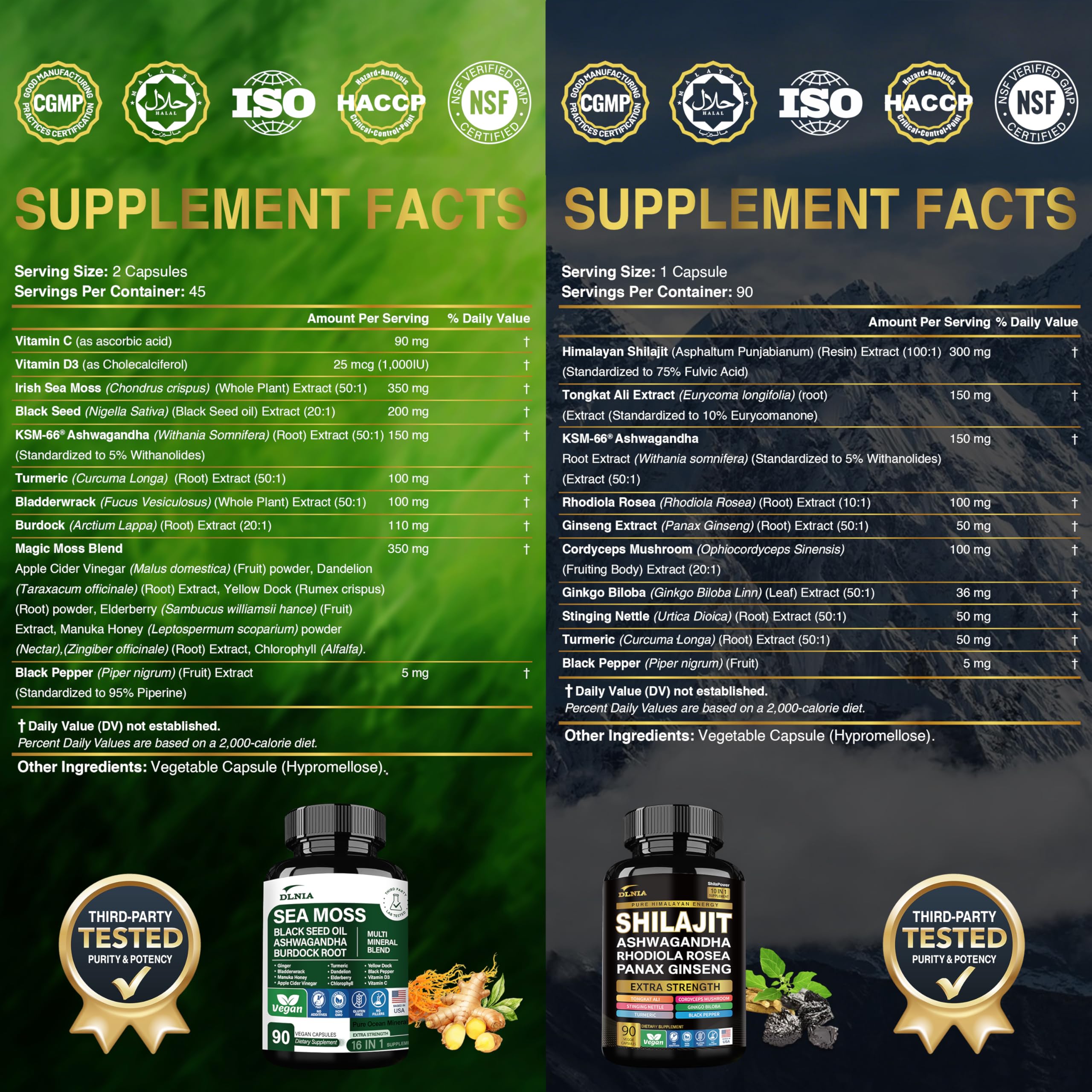 DLNIA Shilajit 9000mg, Sea Moss 17500mg, Ginger & Black Seed Oil 4000mg, Ashwagandha 5000mg, Rhodiola Rosea, 1000mg Panax Ginseng 1500mg, All in 1 Supplement - Sea Moss & Shilajit Vitality Bundle