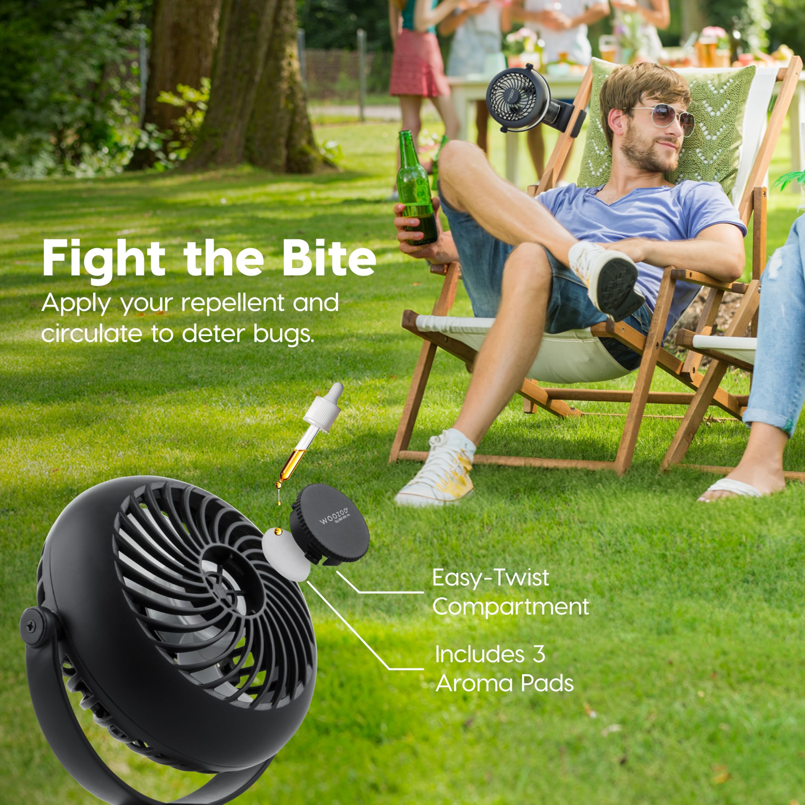 IRIS USA WOOZOO 3.5" Cordless Portable Clip On Fan, USB-C Rechargeable Fan, LED Light, Mosquito Repellent Tray, 360° Tilt, 3 Speeds,Bedside Kitchen Camping Golfing Outdoor Use, Blue
