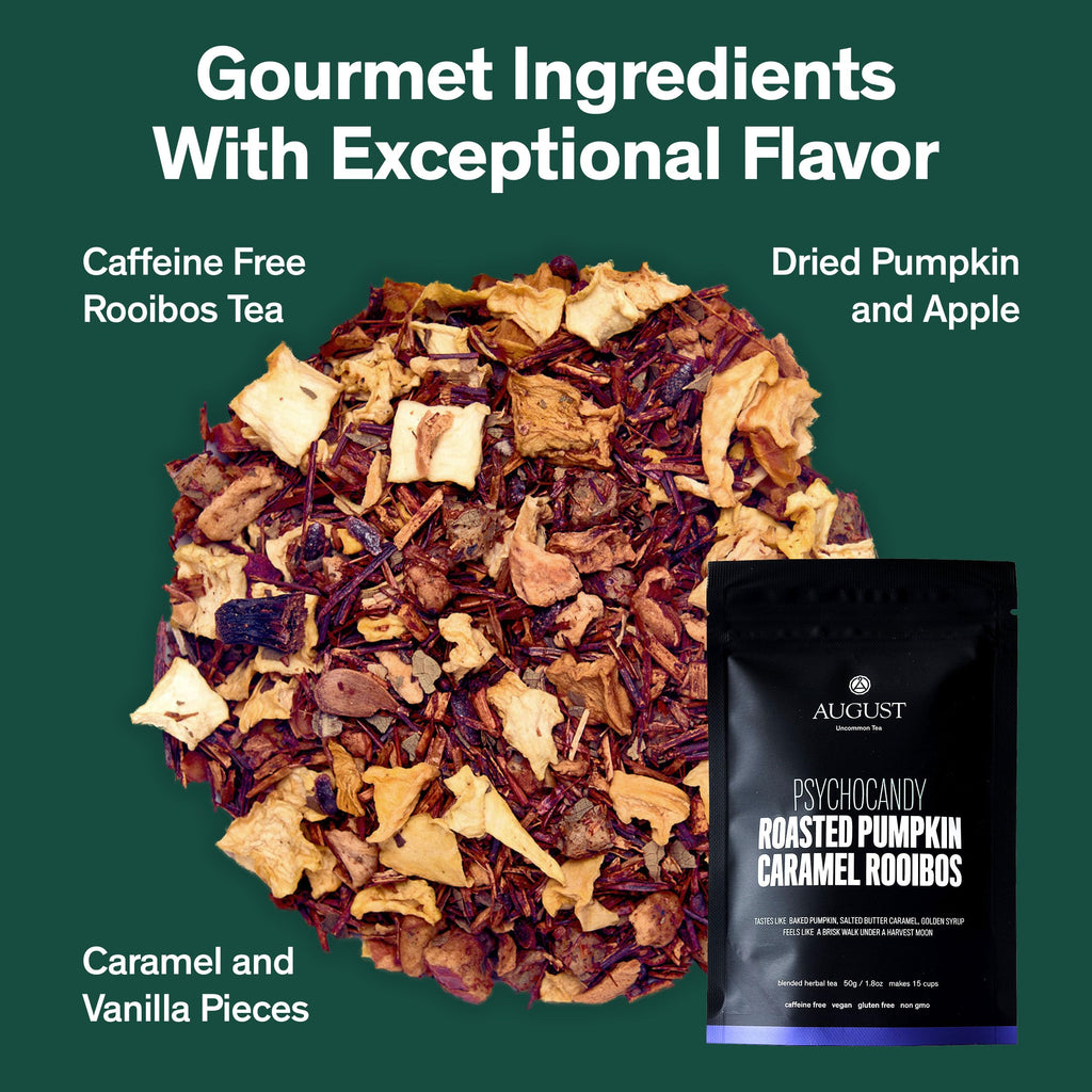 August Uncommon Psychocandy Loose Leaf Tea – Roasted Pumpkin Caramel South African Rooibos Tea – Vegan, Gluten-Free & Non-GMO – Creamy Caramel Flavor for Bedtime – Resealable 1.75oz Pouch (15-30 Cups)