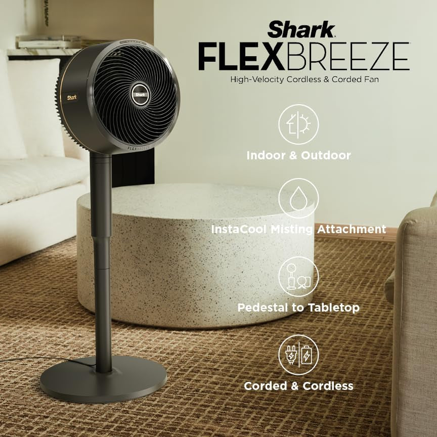 Shark Flexbreeze Fan, Indoor & Outdoor Oscillating Cooling Fan, Floor & Tabletop, Portable Cordless & Corded, Bedroom, Office & Patio Fan, Instacool Misting Attachment & Remote, Grey, FA222​