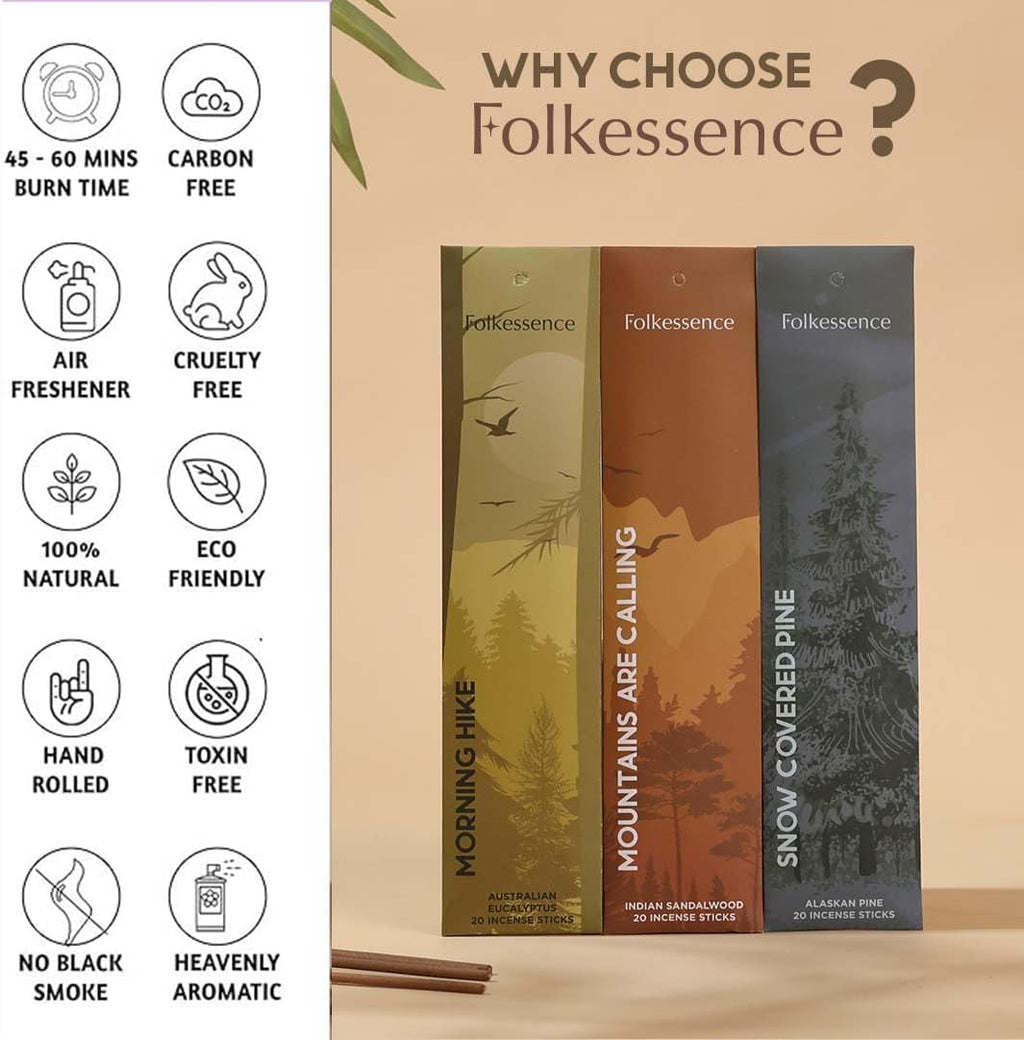 Incense Sticks (120 Sticks) | Set of 6 Premium Incense for Relaxation, Aromatherapy| No Charcoal, Organic, Non Toxic, 45 Mins, Long Burning Sandalwood, Eucalyptus, Palo Santo Insence-Sticks