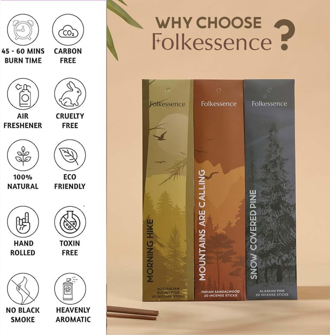 Incense Sticks (120 Sticks) | Set of 6 Premium Incense for Relaxation, Aromatherapy| No Charcoal, Organic, Non Toxic, 45 Mins, Long Burning Sandalwood, Eucalyptus, Palo Santo Insence-Sticks