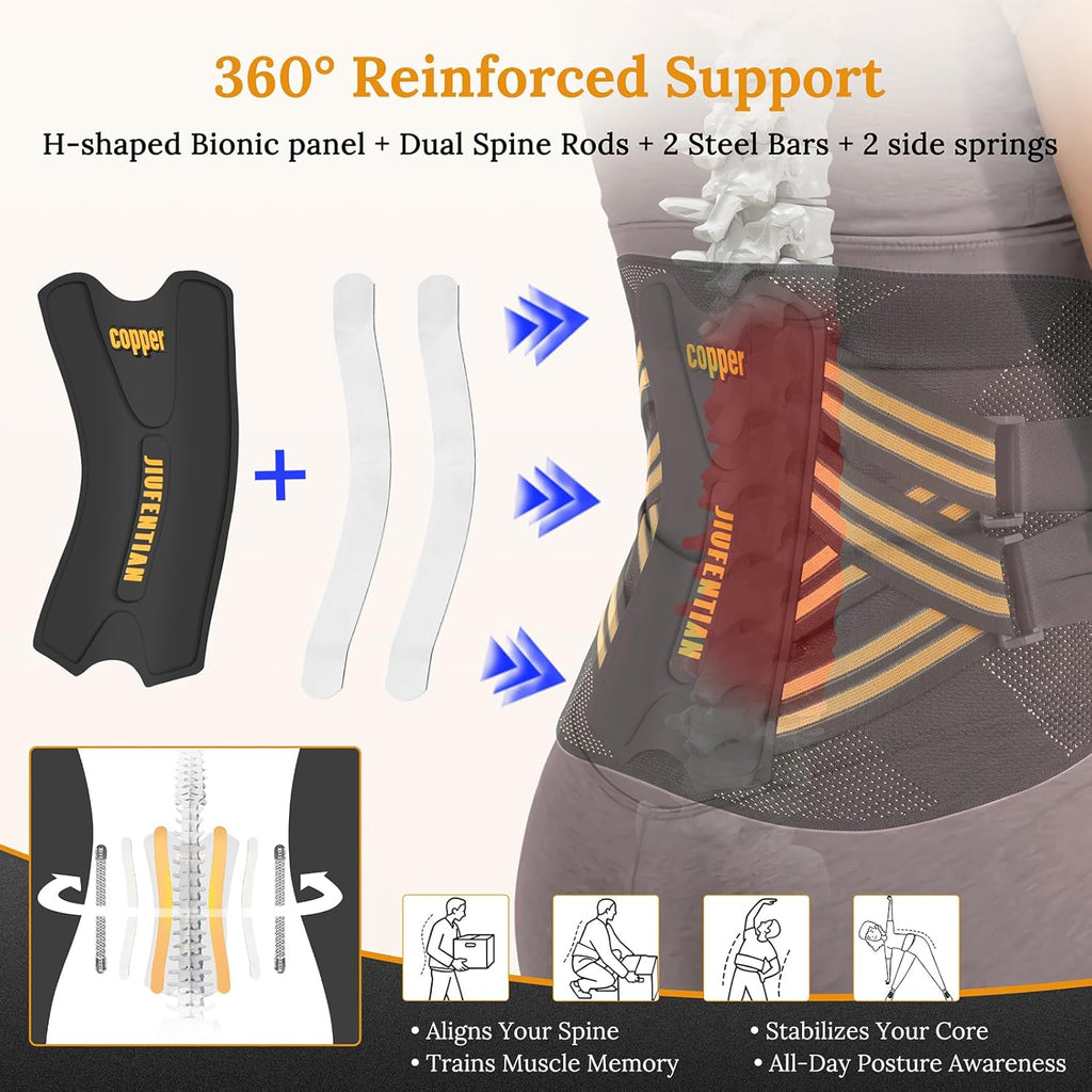 Copper Lower Back Brace with Removable Dual Spine Rods & Therapy Pocket-Ultra Breathable for Lower Back Pain Relief & Work Support(Large)