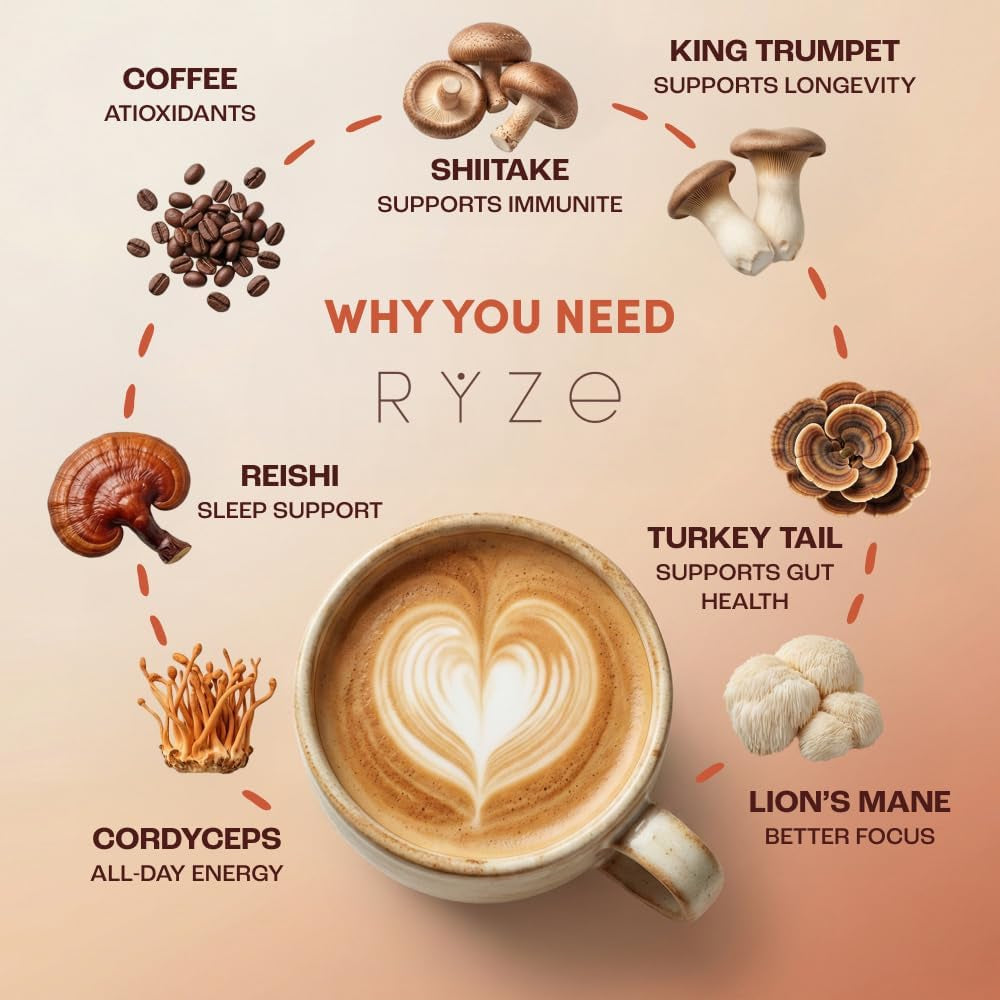 Mushroom Medium Roast Coffee USDA Organic with 6 Adaptogenic Mushrooms, USA Grown Instant Coffee for Better Energy, Focus Digestion Immunity with Lions Mane & Turkey Tail 30. Pack of 1