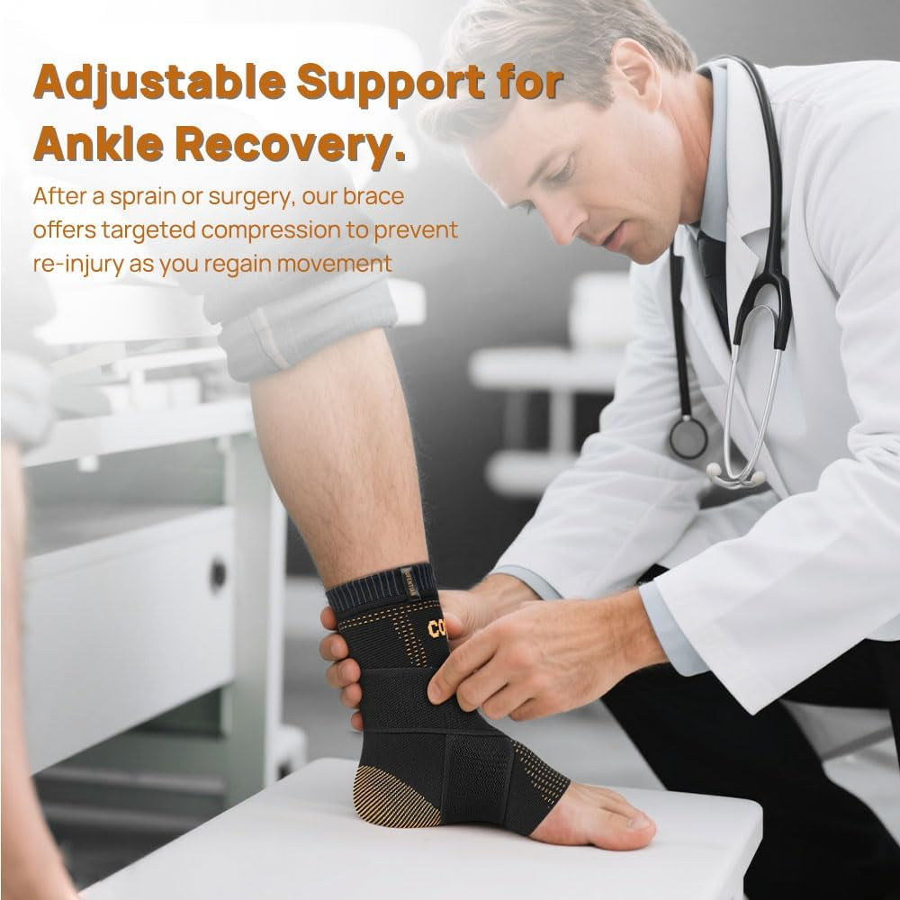 Ultra-Breathable Copper Ankle Braces for Men and Women- Adjustable Compression Ankle Brace for Sprain Recovery, Plantar Fasciitis & Daily Pain Relief | Durable, Fits Any Shoe (Large)
