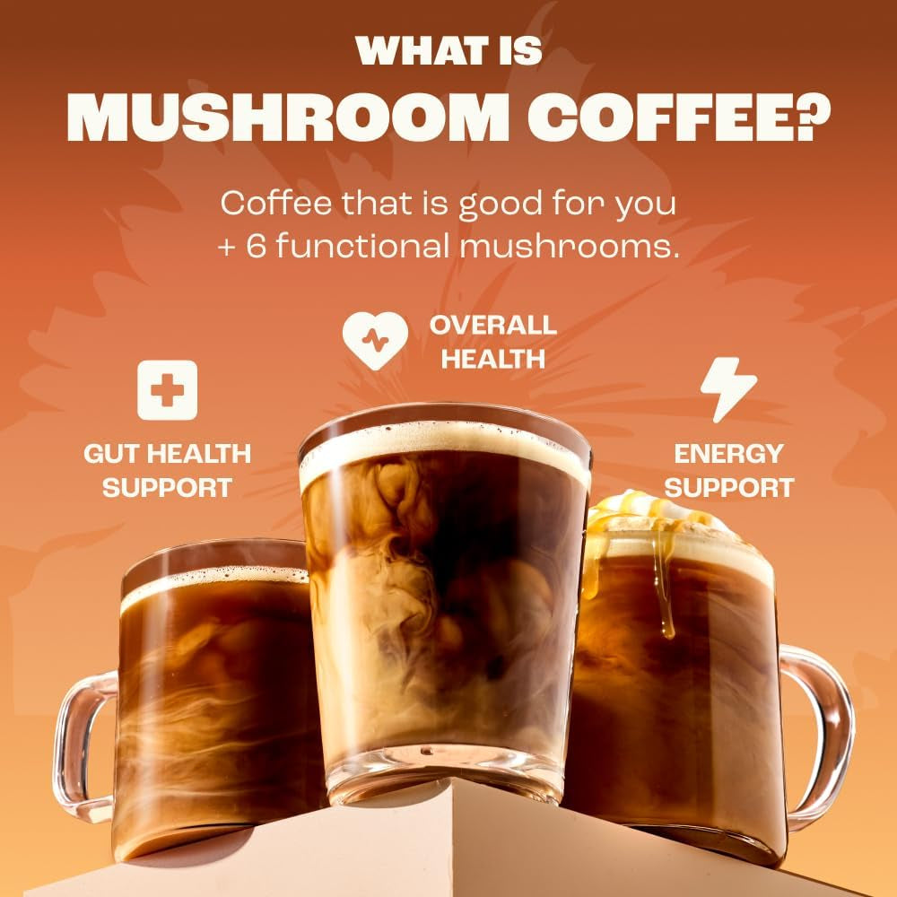 Mushroom Medium Roast Coffee USDA Organic with 6 Adaptogenic Mushrooms, USA Grown Instant Coffee for Better Energy, Focus Digestion Immunity with Lions Mane & Turkey Tail 30. Pack of 1