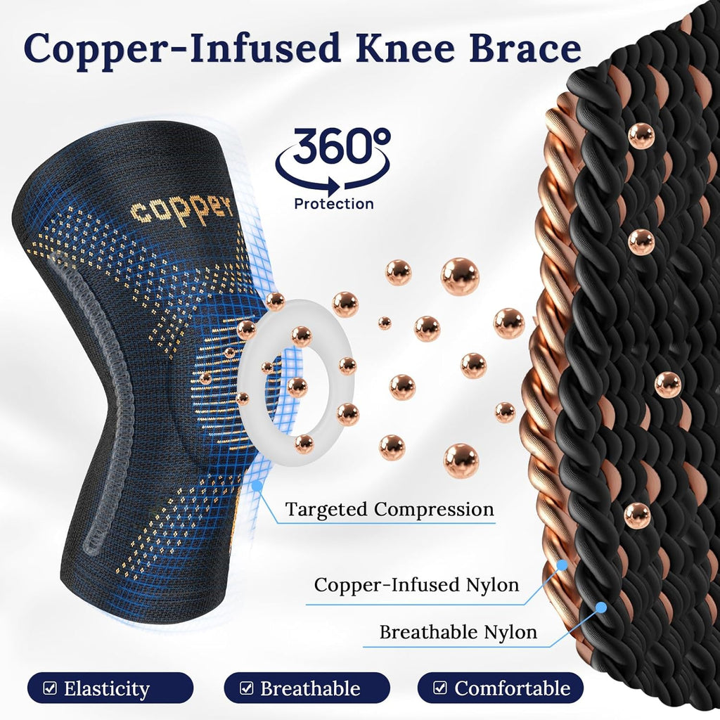 Copper Knee Braces for Arthritis Pain (2 Pack)- Professional Knee Suppot with Side Stabilizers - Breathable Compression Sleeves for Pain Relief & Stability (Arthritis, Gym, Work)-(Small)
