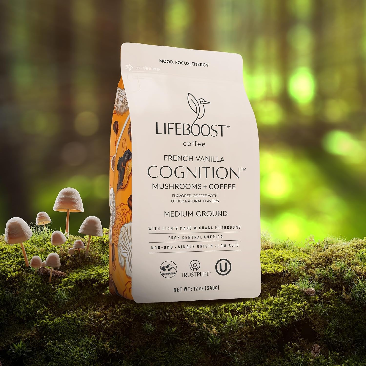 French Vanilla Cognition Mushroom Coffee - Low Acid Medium Organic Coffee with Nootropic Lions Mane & Chaga Mushrooms - Increase Energy, Boost Focus & Immune Support - 12 Oz Bag - Ground