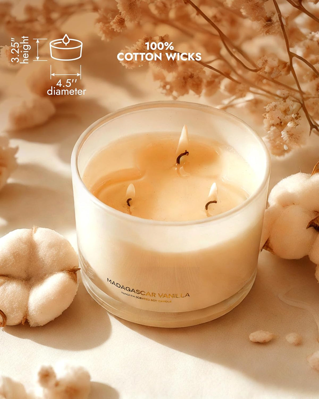 Luxury Vanilla Soy Candles | Large 3 Wick Jar Candle | up to 50 Hours Burning Time | 100% Natural Soy Wax | Relaxing Aromatherapy Aesthetic Candle | Housewarming Gift for Men and Women